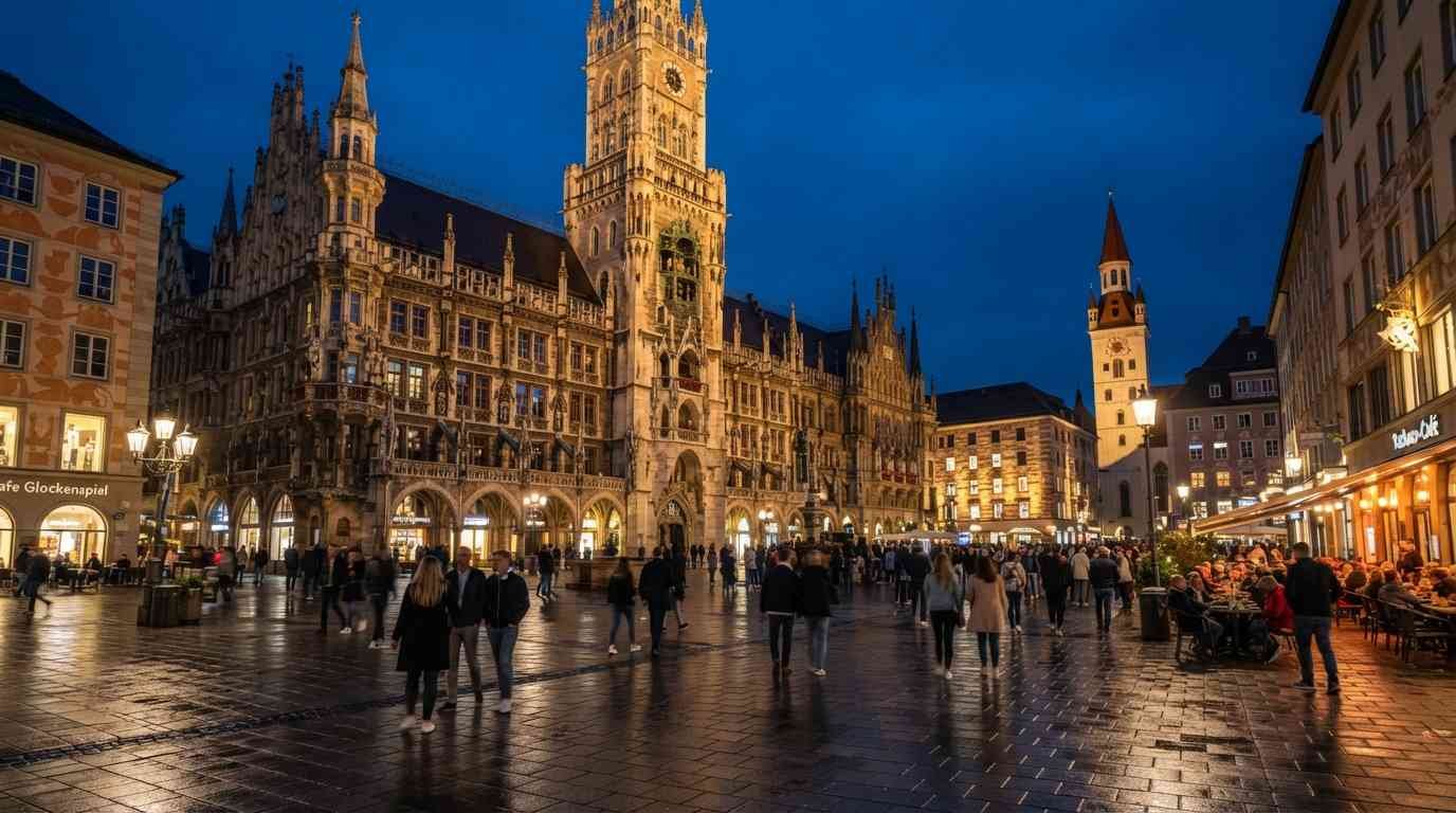 Munich Old Town illuminated at night with the New Town Hall and surrounding historic streets