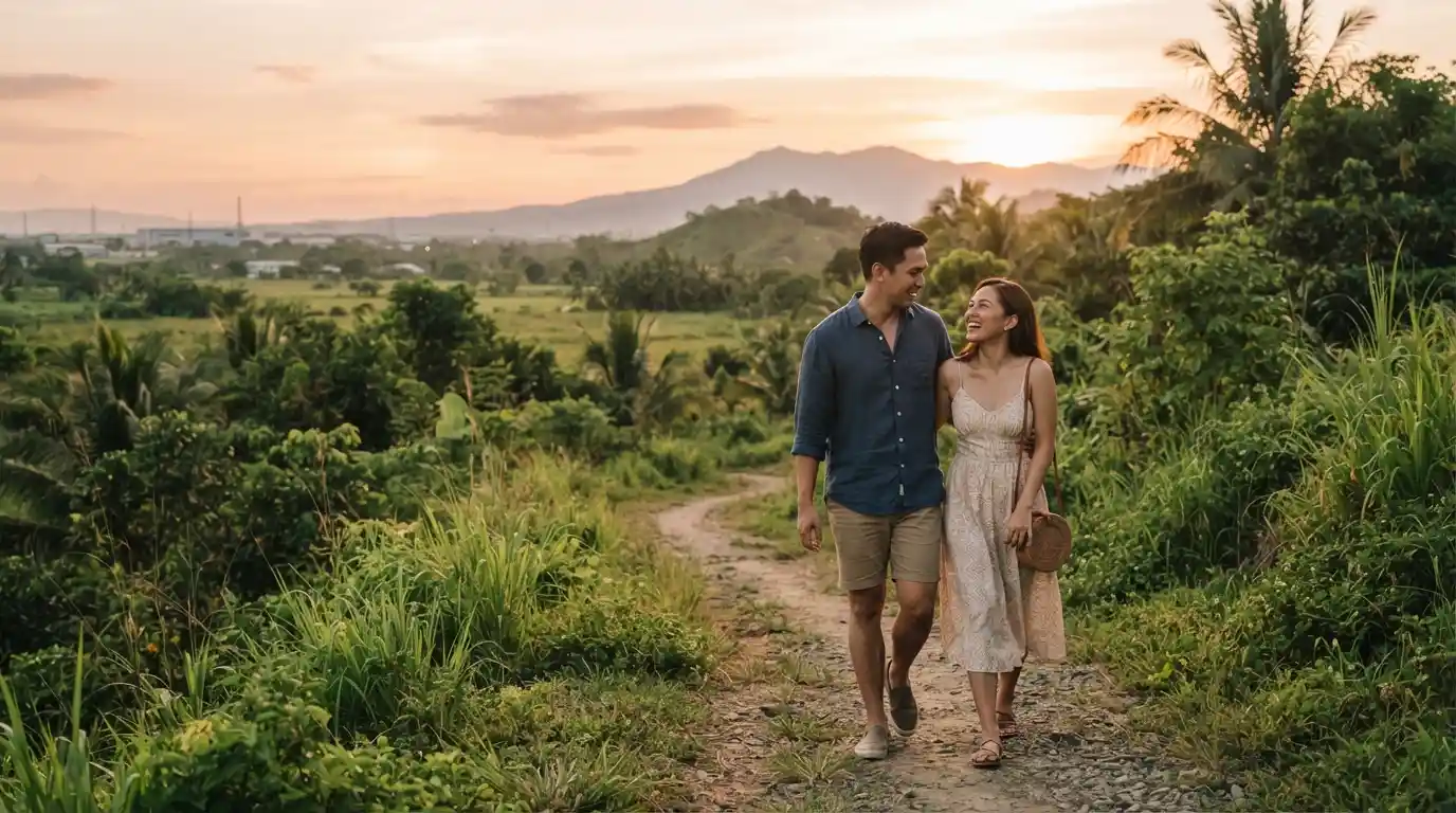 Couple enjoying a scenic golden-hour walk in Pampanga, Philippines
