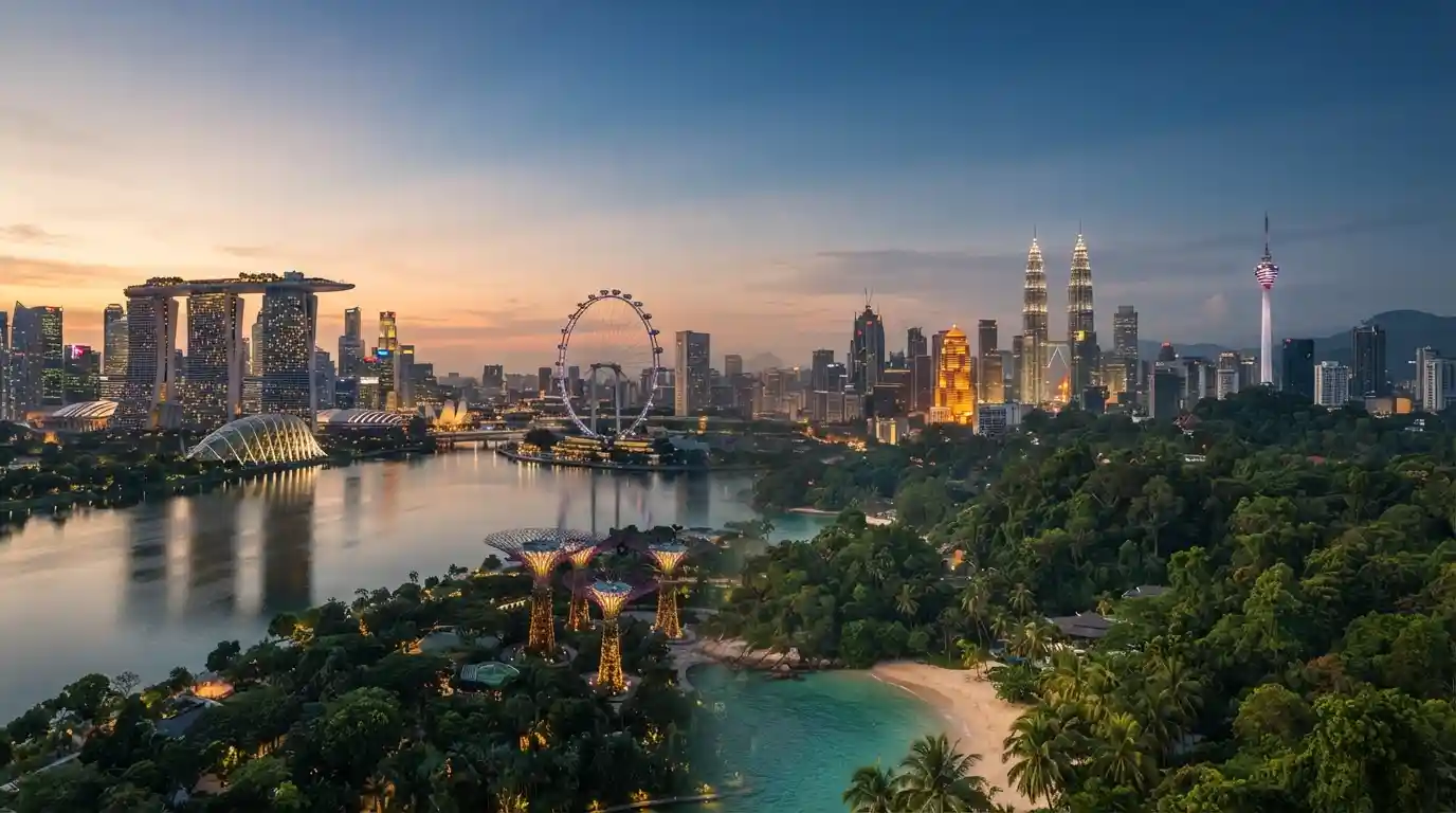 Singapore skyline and tropical Malaysian scenery representing a combined Southeast Asia travel itinerary