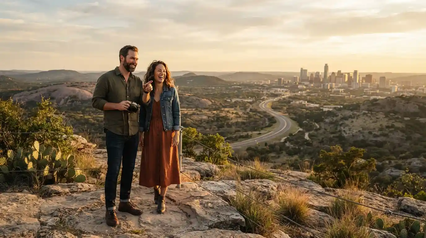 Adult travelers enjoying a scenic Texas getaway overlooking the state's rugged landscape
