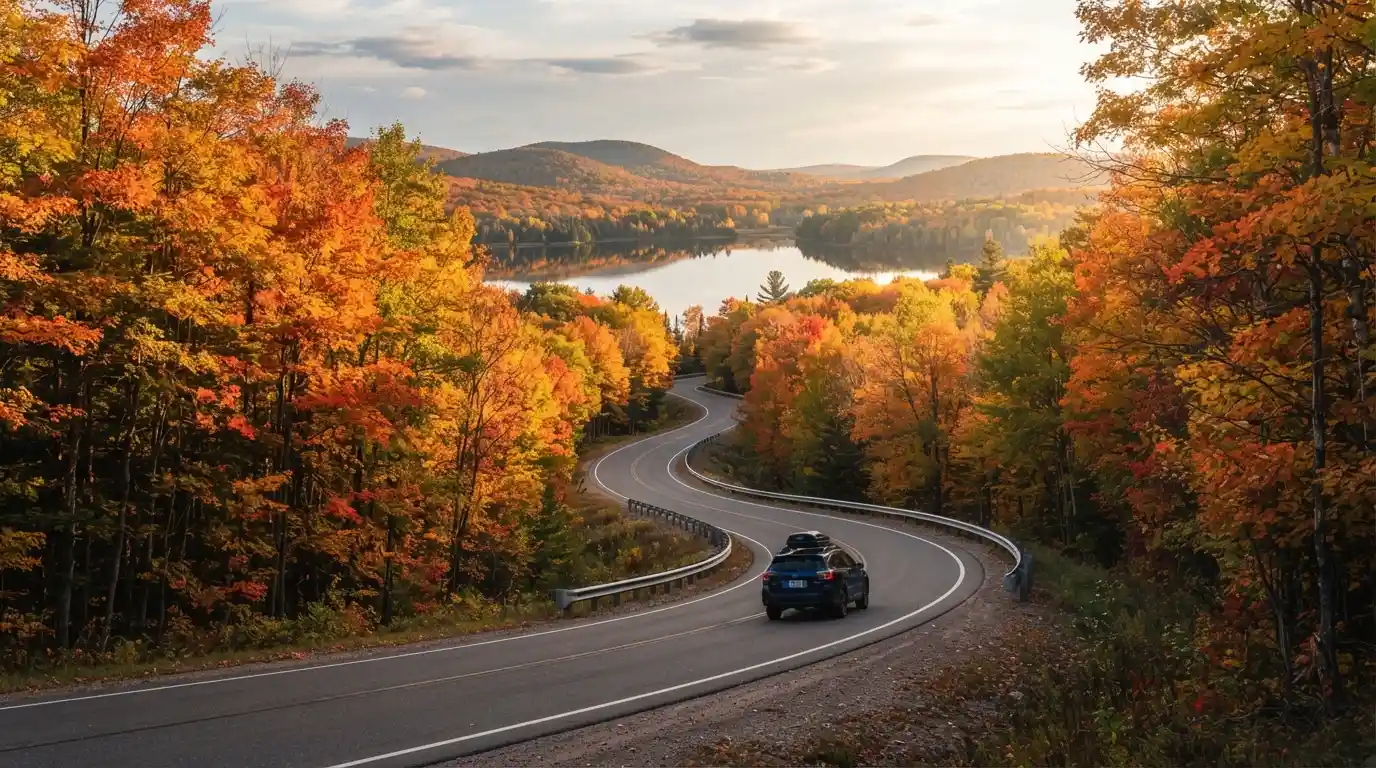 Scenic Midwest road surrounded by colorful autumn trees beside a calm lake
