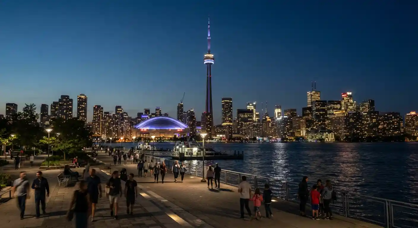 Toronto skyline glowing at night with the CN Tower overlooking the waterfront