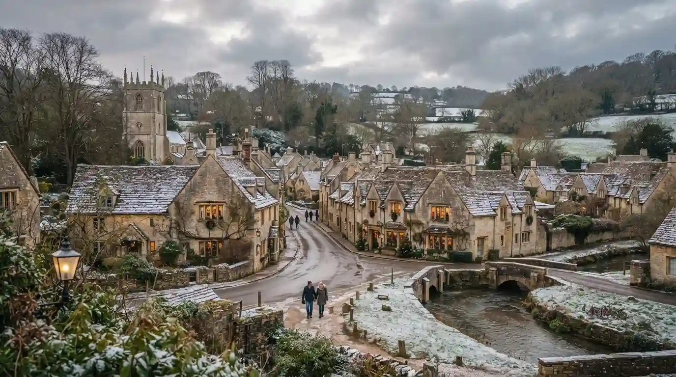 Snow-dusted historic British town surrounded by a peaceful winter landscape