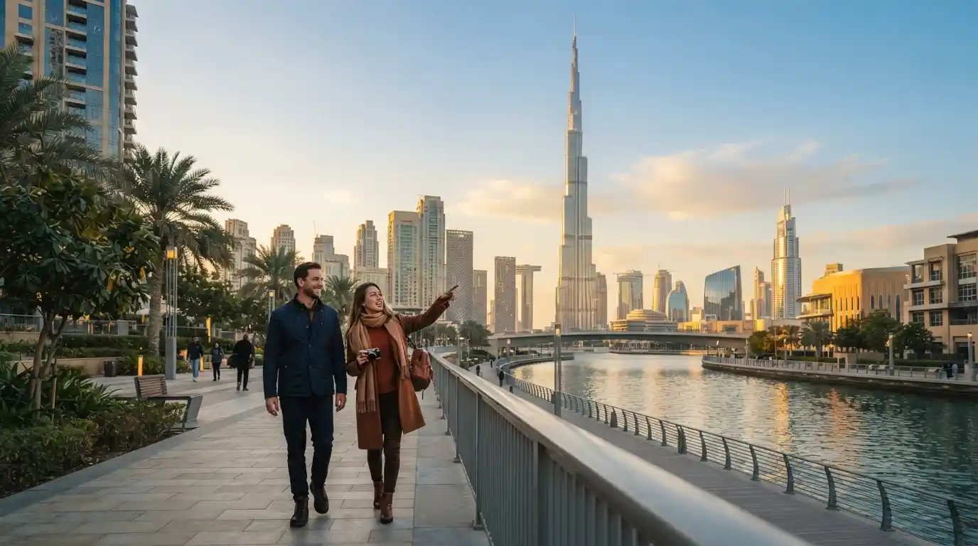 Dubai skyline with Burj Khalifa and travelers enjoying an outdoor winter sightseeing experience