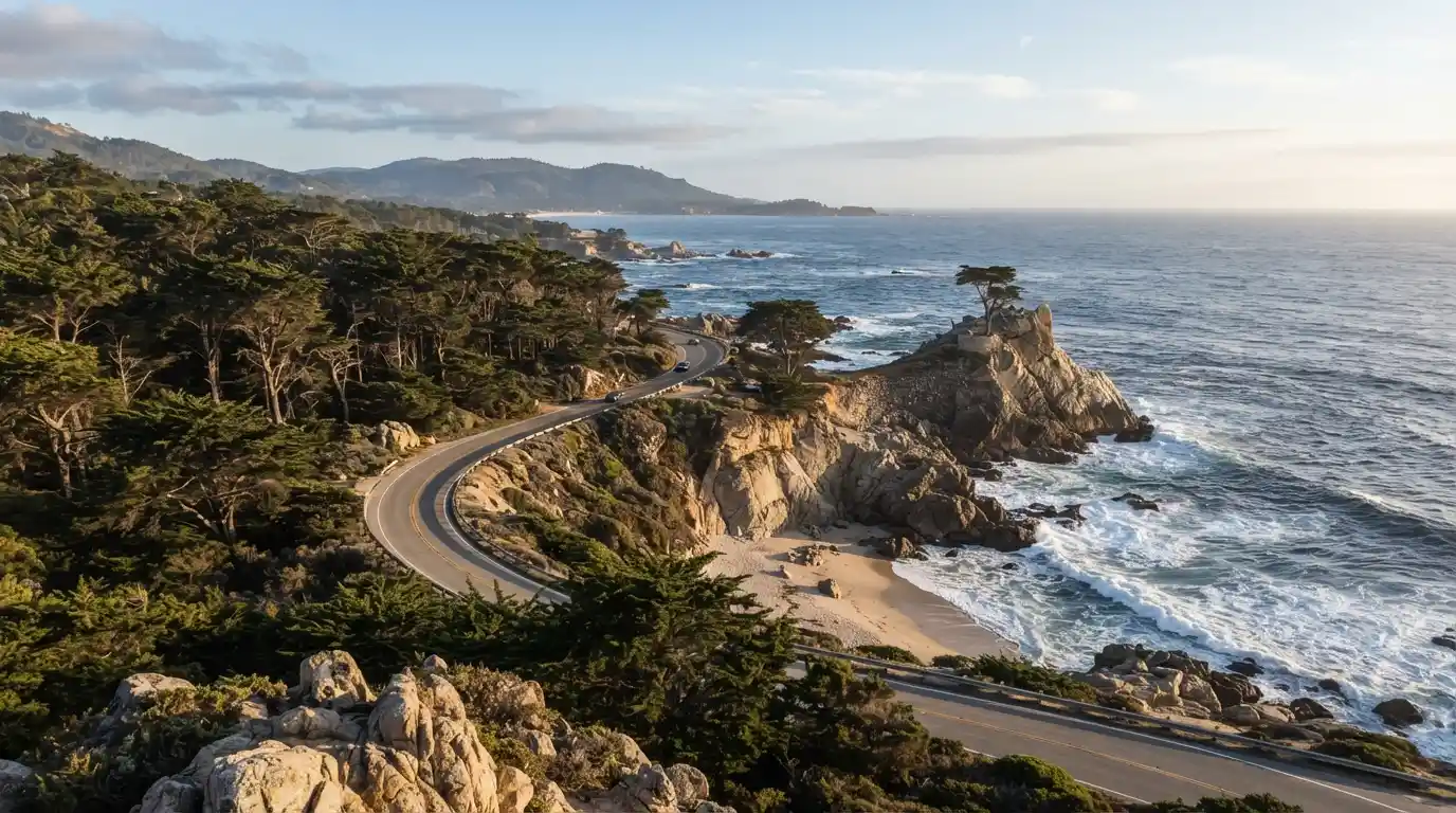 Scenic Pacific coastline and cypress trees along 17-Mile Drive in California