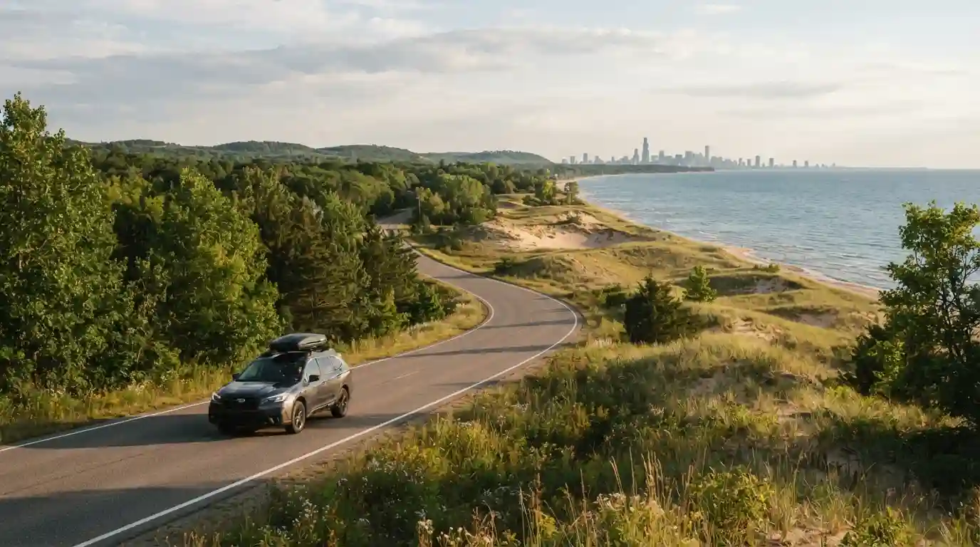 Scenic Midwest road trip toward a Lake Michigan shoreline near Chicago
