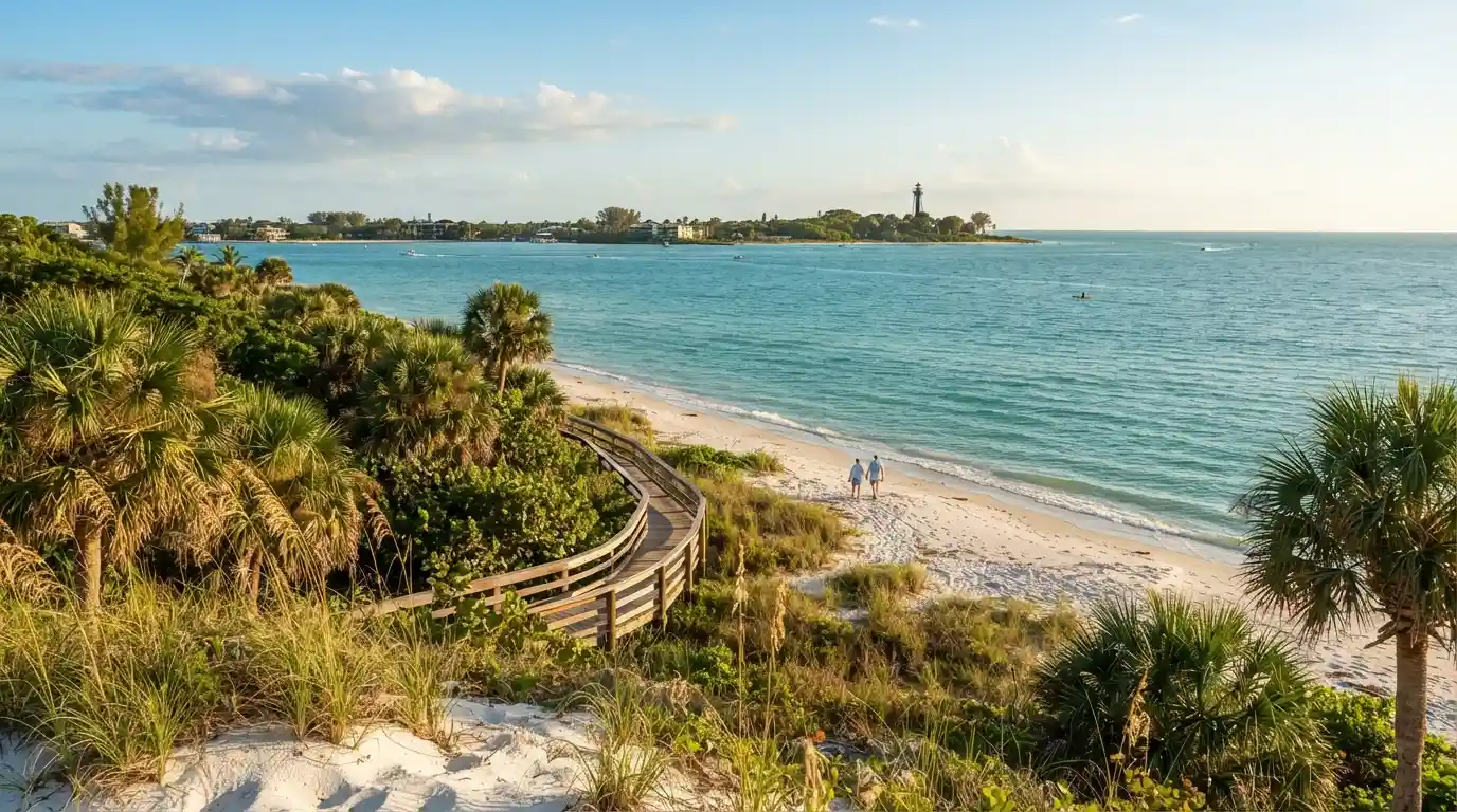 Southwest Florida Gulf Coast beach near Fort Myers with palm trees and turquoise water