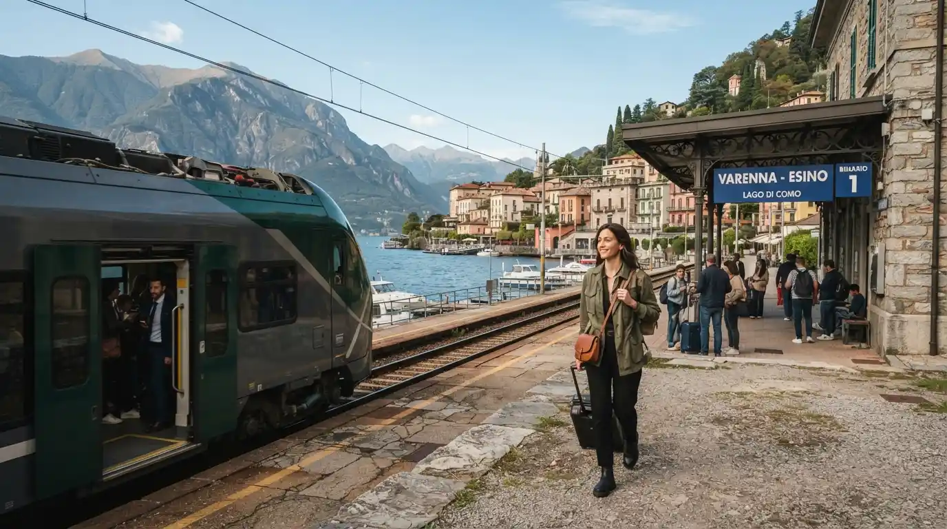 Italian train arriving at a scenic northern Italian destination near Milan with mountains and historic architecture