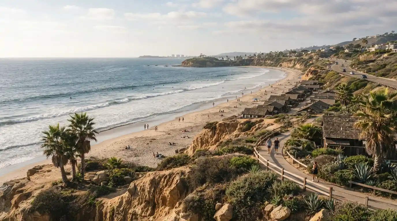 Scenic Southern California coastline representing places to visit near Orange County