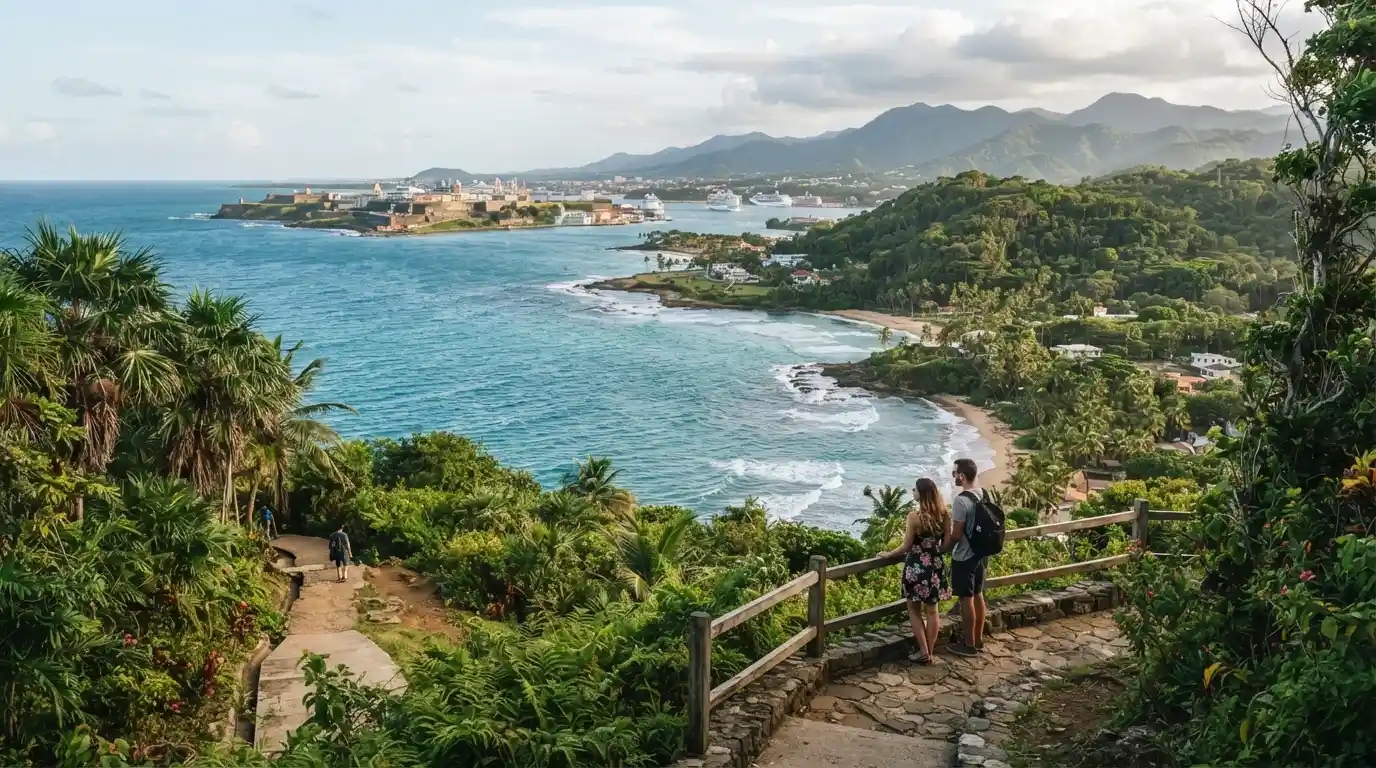 Scenic Puerto Rican coastline with tropical greenery and mountains near San Juan