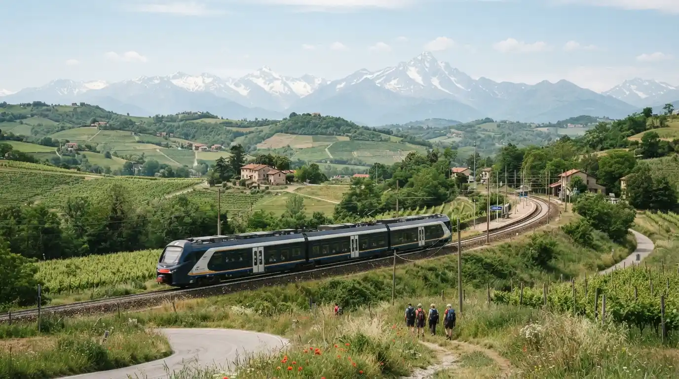 Train traveling through the Piedmont countryside with the Italian Alps in the background