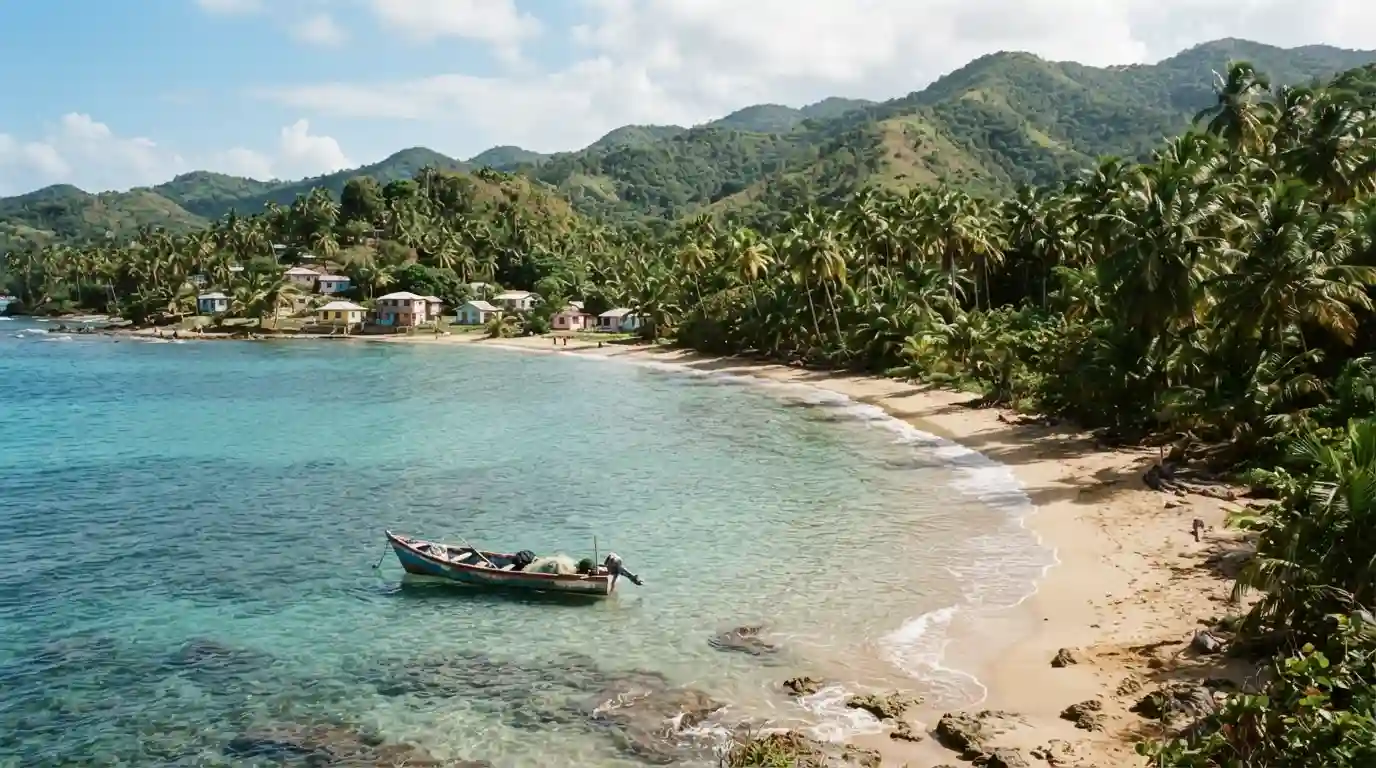 Tropical Samaná coastline with turquoise water, sandy beach, lush hills, and a local fishing boat