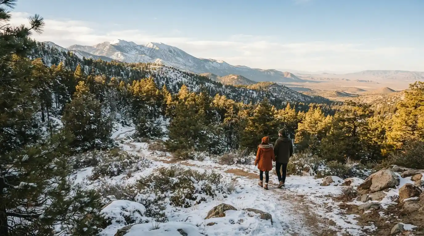 Snow-dusted Southern California mountain landscape with travelers enjoying a winter getaway