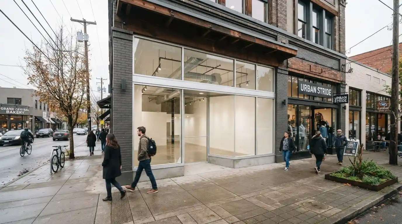 Street-level retail storefront in a walkable Portland, Oregon commercial neighborhood