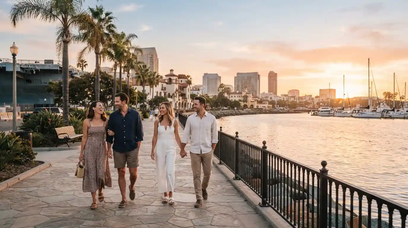 Adult travelers enjoying a scenic San Diego waterfront at golden hour