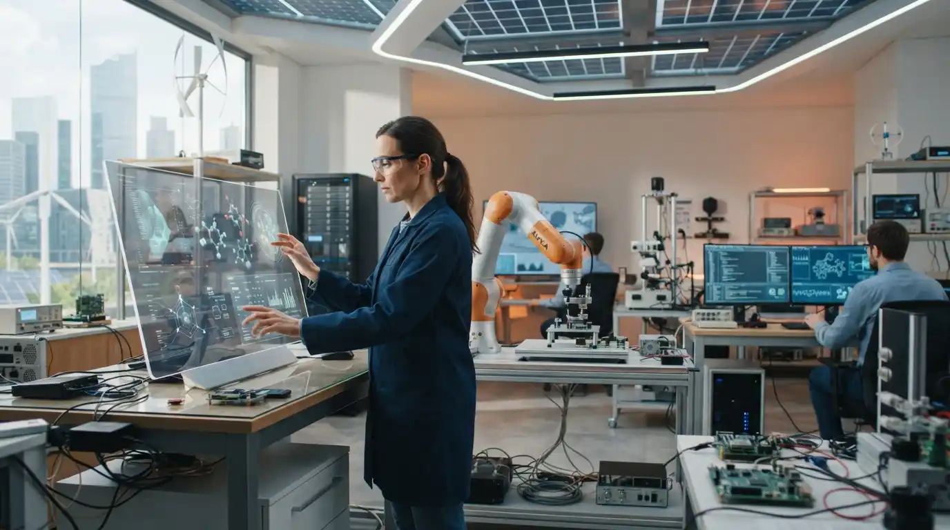 Researcher using advanced technology in a modern scientific innovation environment