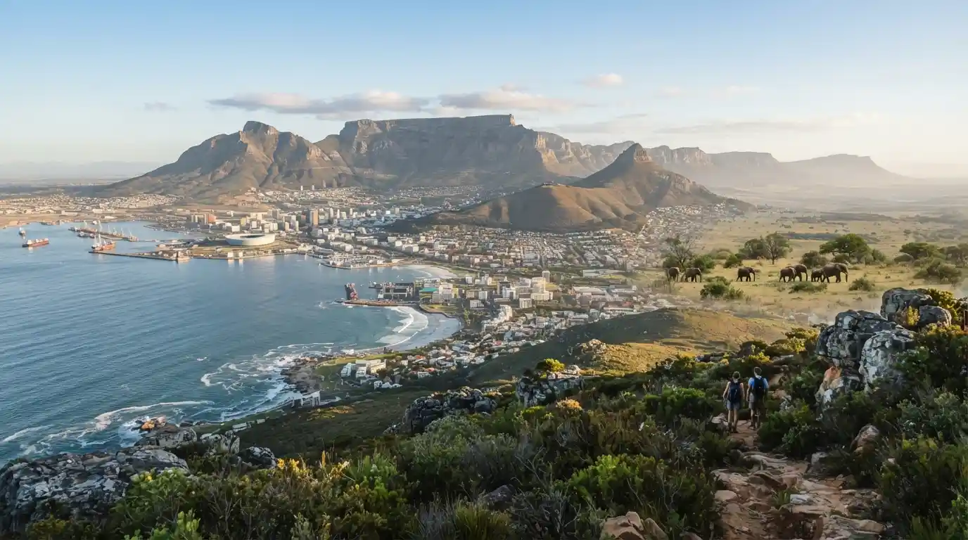Cape Town coastline and Table Mountain representing South Africa's diverse tourist destinations