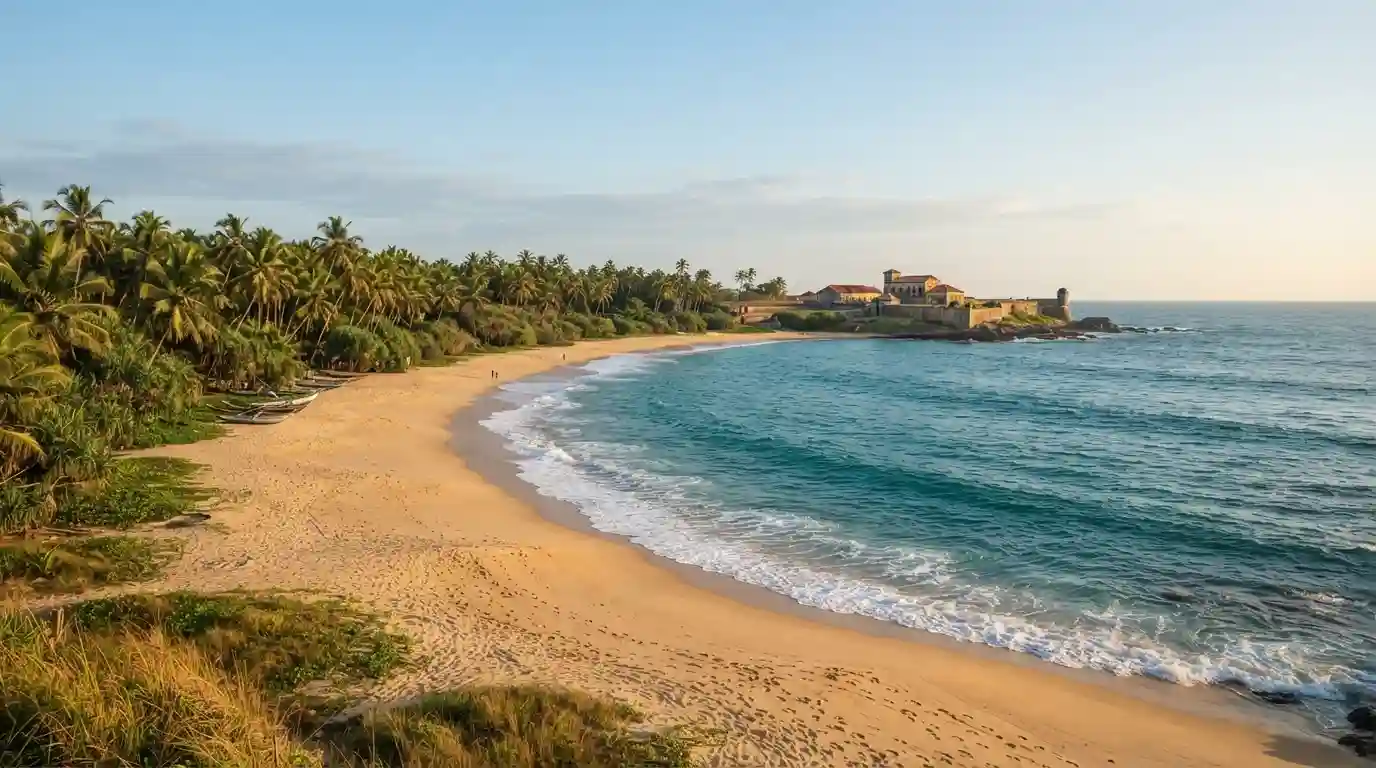 Tropical beach and coastal scenery in southern Sri Lanka with coconut palms and Indian Ocean views