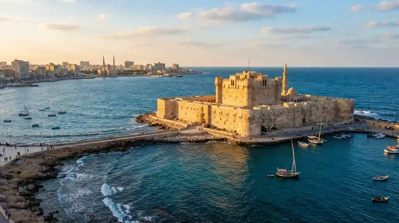 Qaitbay Citadel overlooking the Mediterranean coast in Alexandria, Egypt