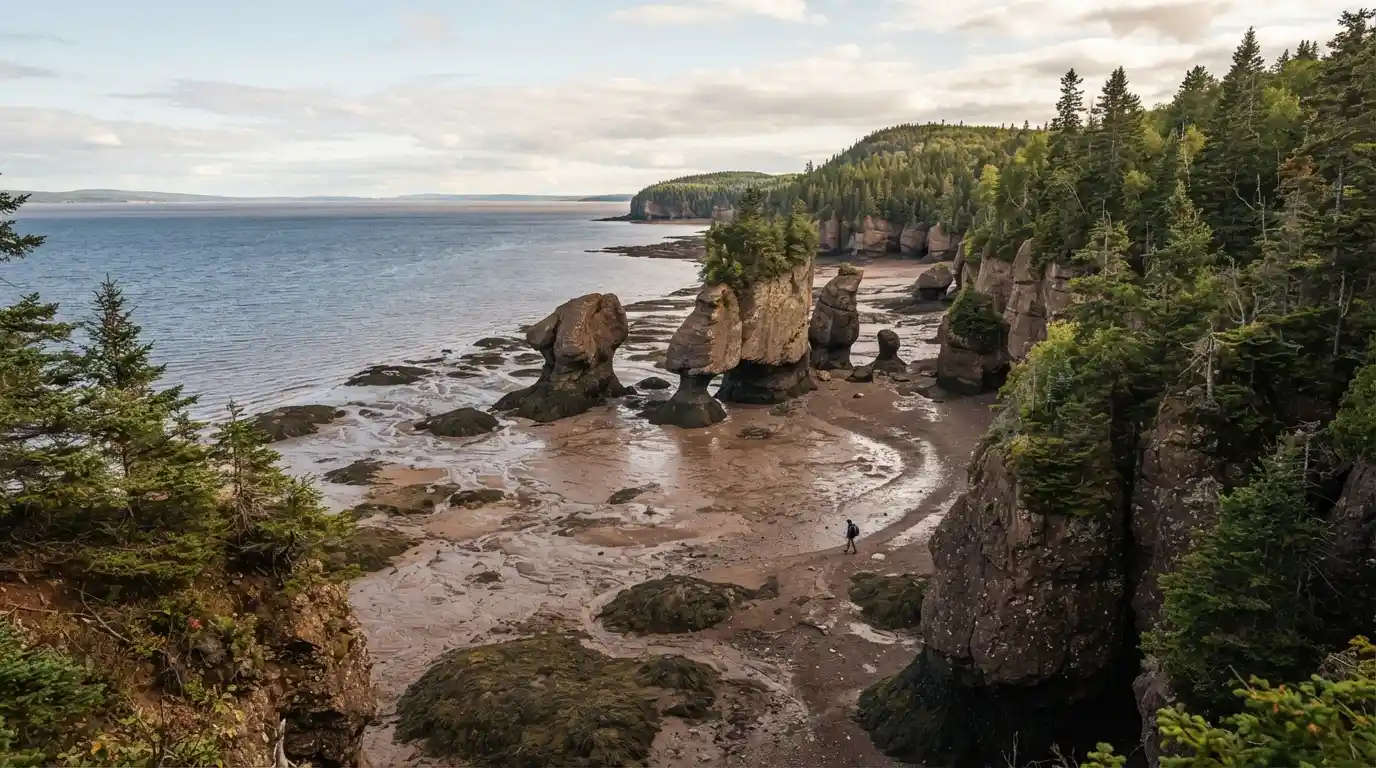 Hopewell Rocks and the Bay of Fundy coastline in New Brunswick, Canada