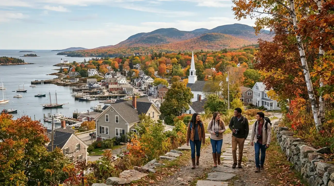 Travelers exploring a scenic Northeastern U.S. destination with historic buildings, mountains, autumn foliage, and coastal scenery