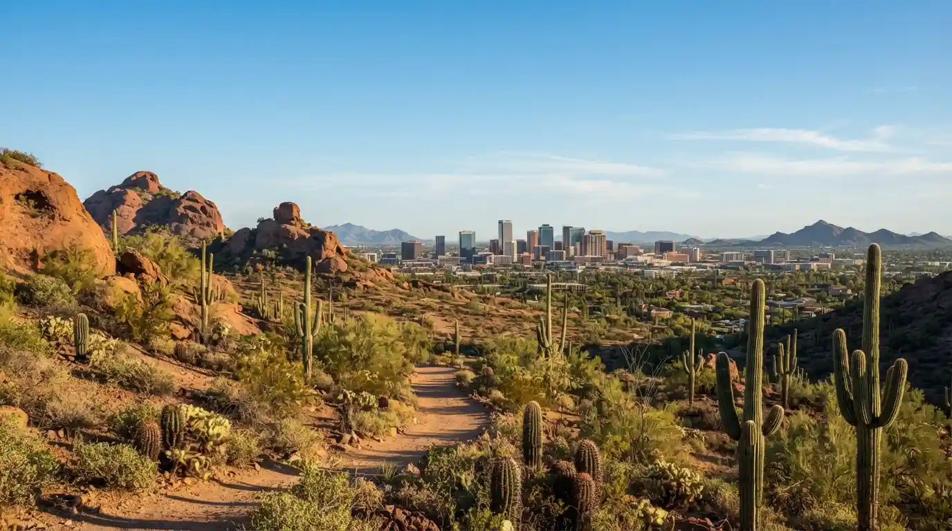 Phoenix skyline and Sonoran Desert landscape near Papago Park in Arizona