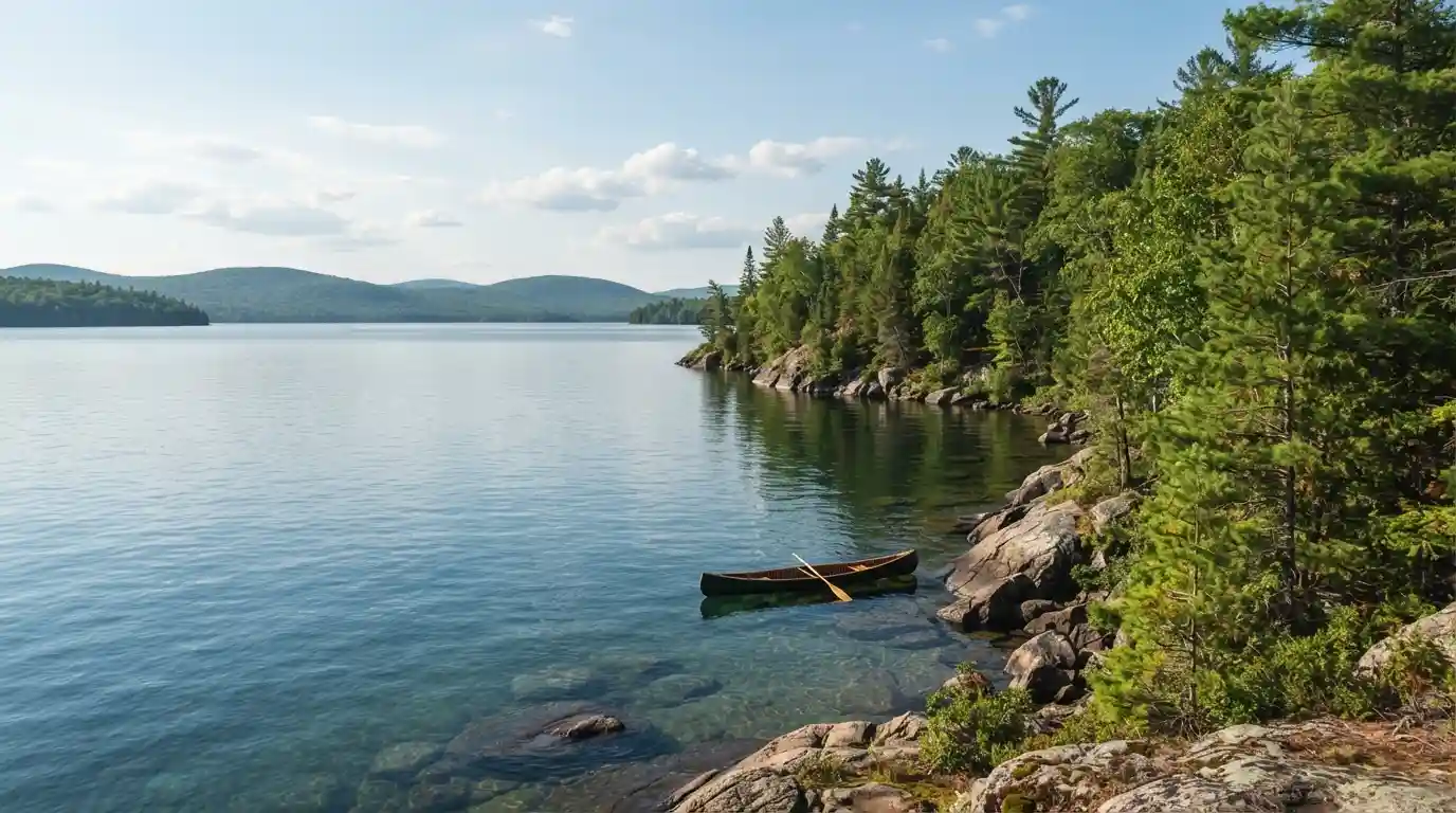 Scenic Ontario lakeshore surrounded by green summer forest and rocky shoreline