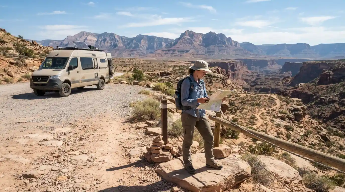 Traveler reviewing a map near a rugged American desert landscape