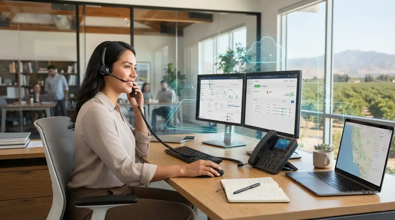 Business professional using a modern VoIP phone and computer in a connected Visalia office