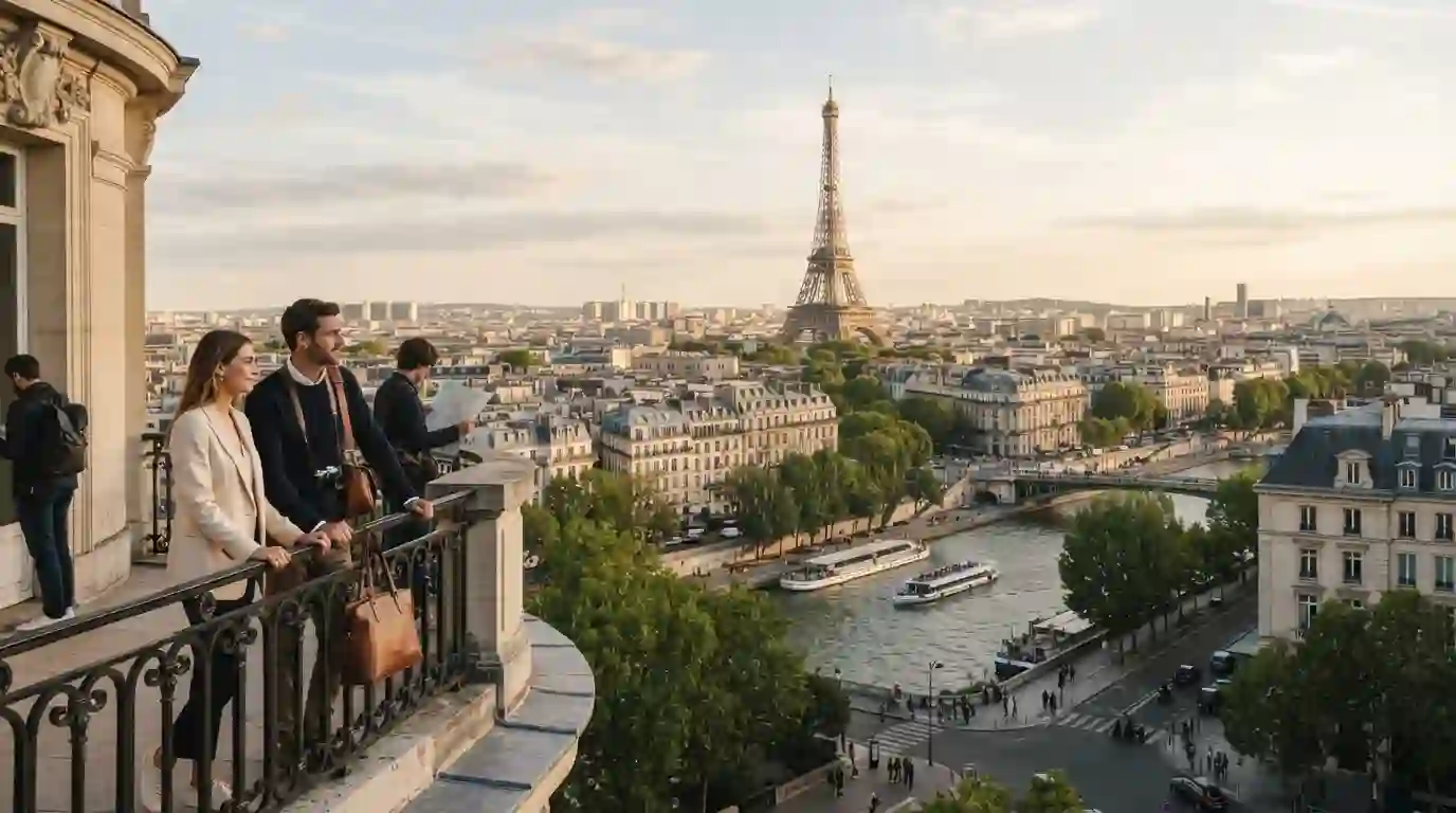 Paris skyline with the Eiffel Tower, historic architecture, and travelers exploring the city
