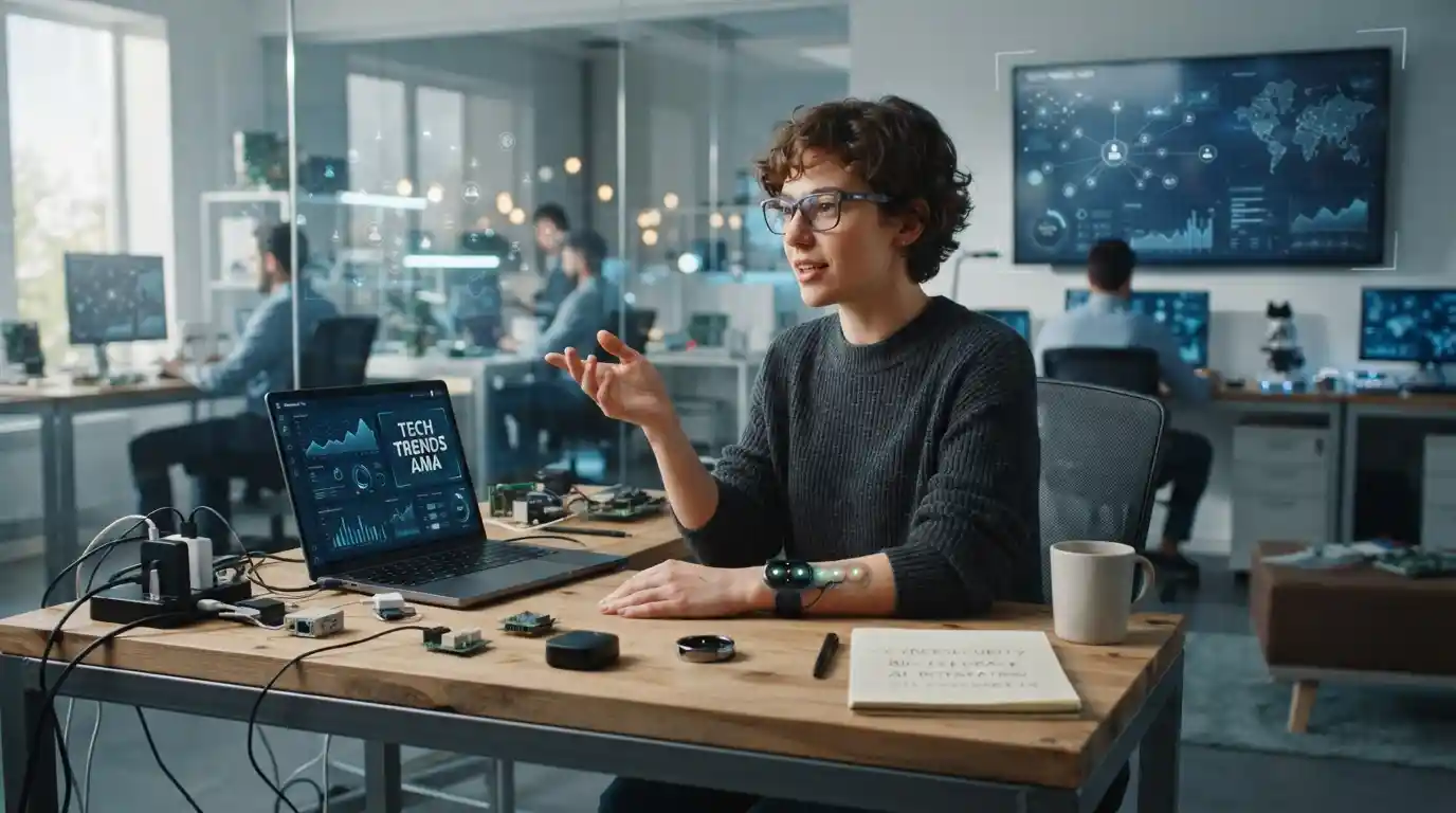 Technology enthusiast exploring wearable devices, AI data analytics, and connected IoT technology in a modern innovation lab