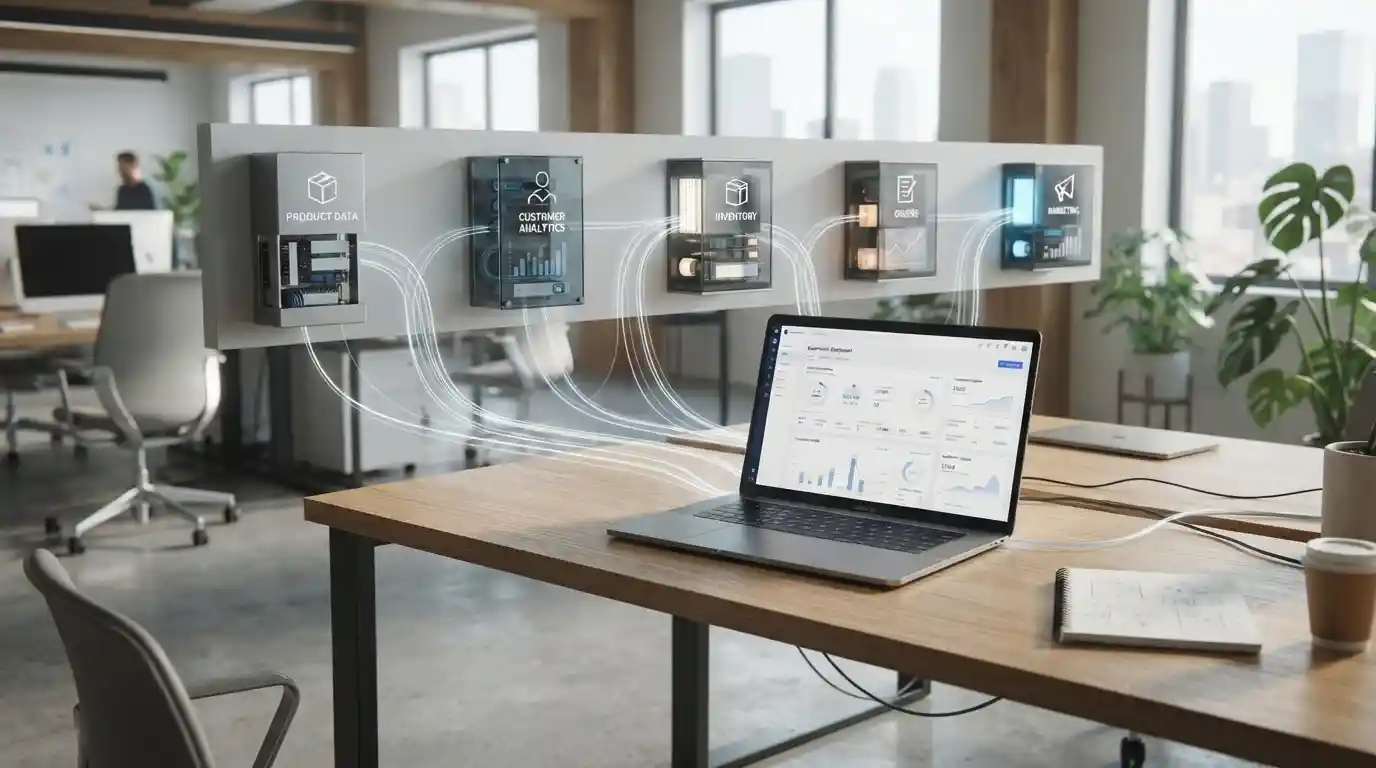 Modern ecommerce dashboard connected to modular data systems for customers, inventory, orders, and marketing