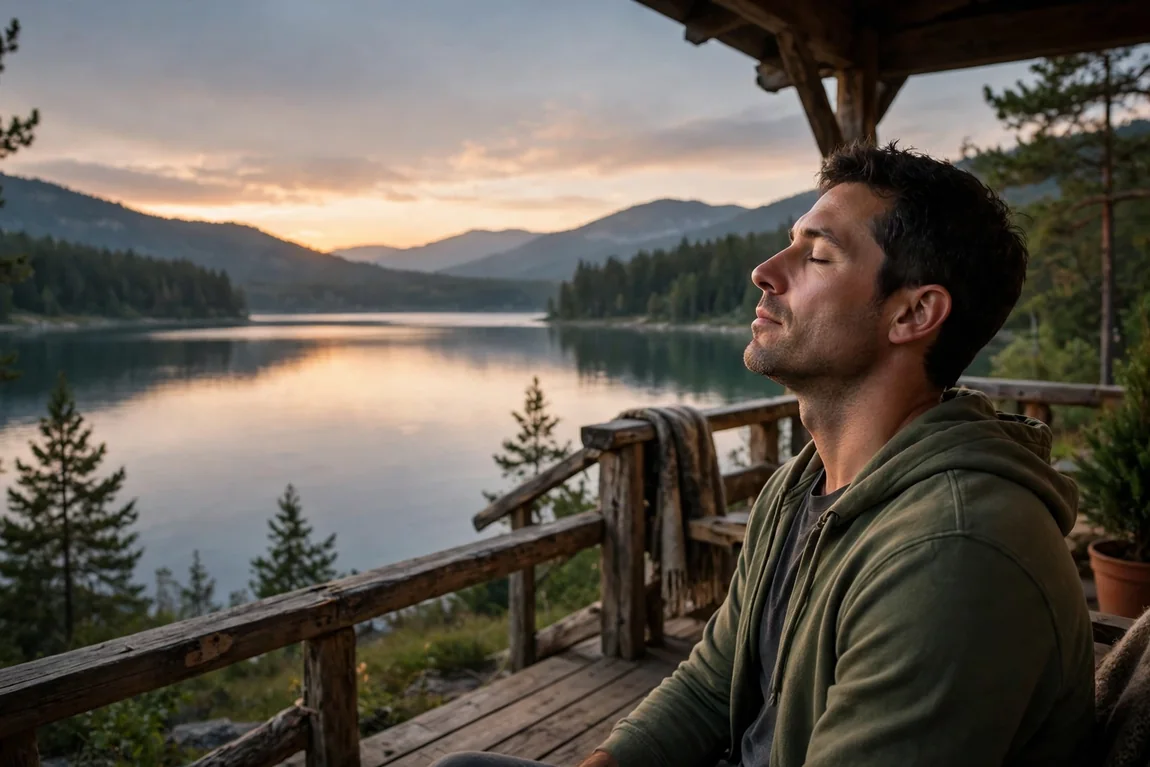 Man breathing calmly with eyes closed on a porch overlooking a calm lake at dusk — anger management