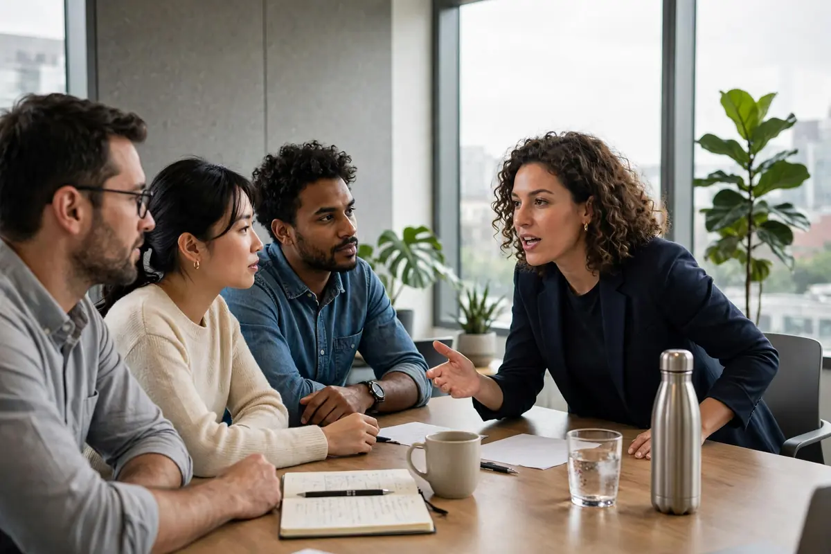 Confident woman speaking up in a modern office meeting while colleagues listen — how to be more assertive