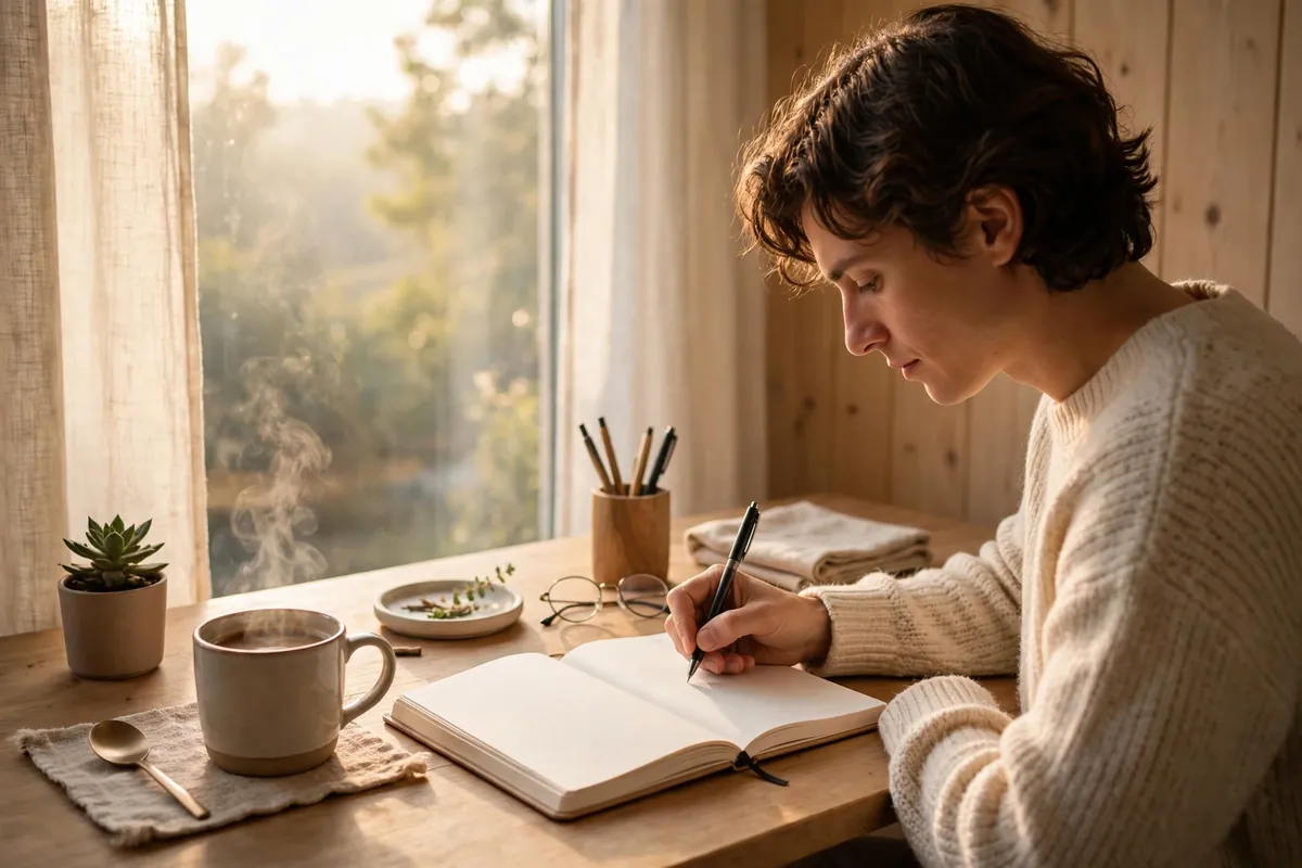 Person writing in a planner at a tidy desk in morning light — how to build self-discipline