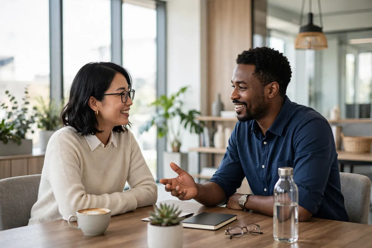 Two coworkers having a calm professional conversation in a bright modern office