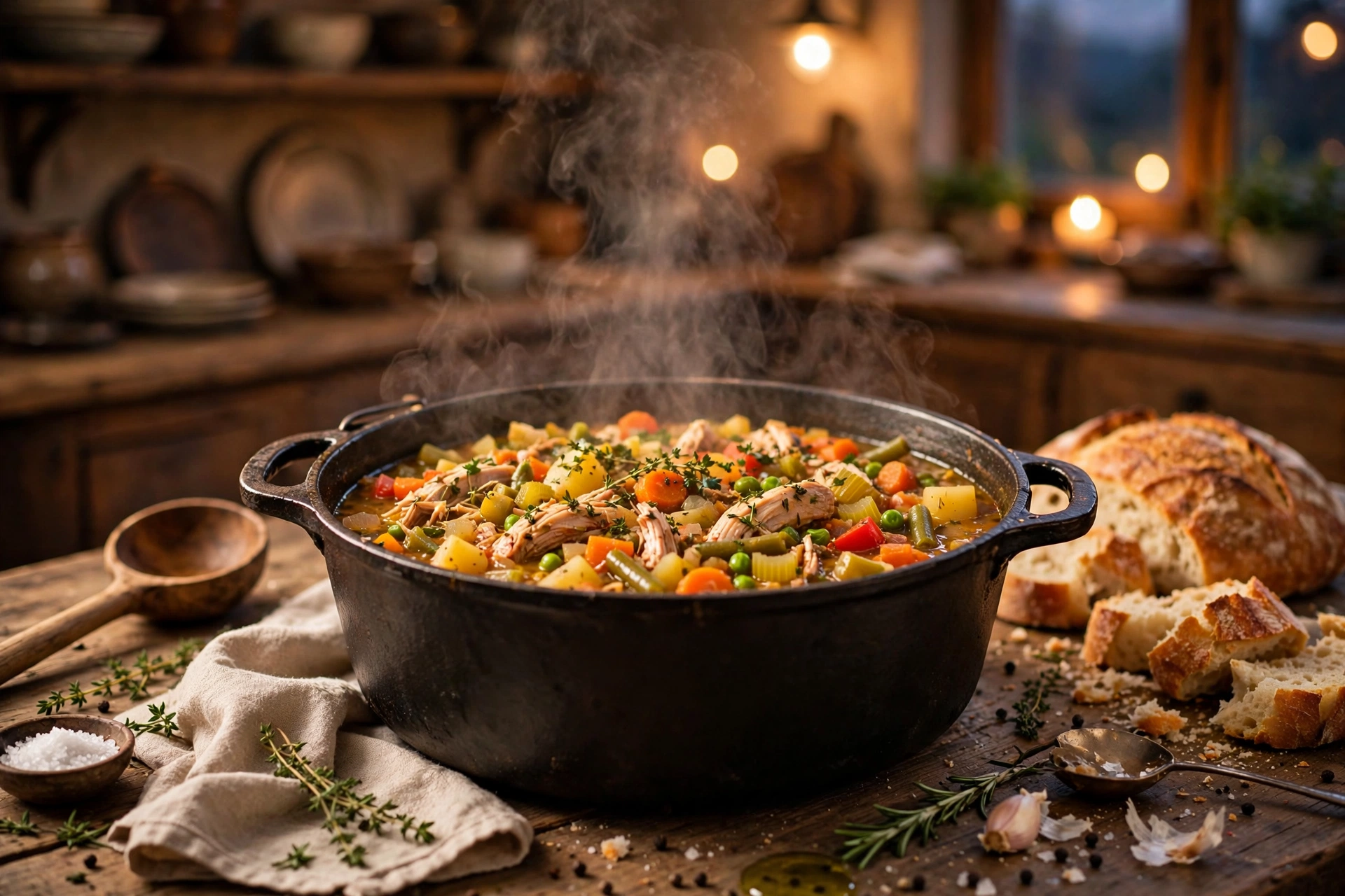 Dutch oven filled with colorful chicken and vegetable stew for an easy healthy one-pot dinner