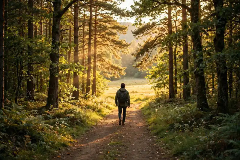 Person walking confidently on a sunlit forest path toward a bright clearing — how to end toxic friendships