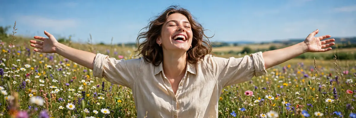 Joyful woman laughing with arms open in a sunlit wildflower meadow — how to be happy