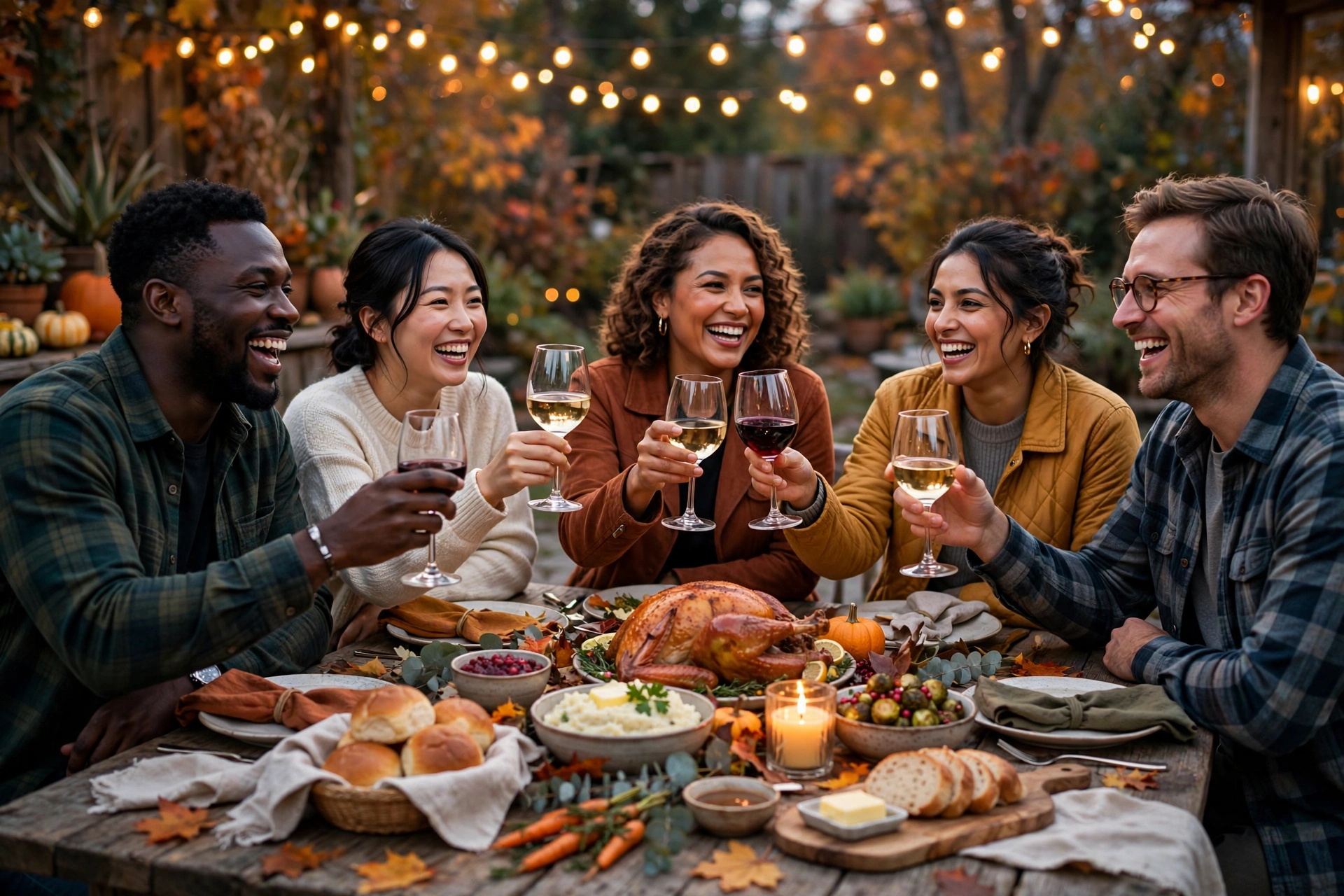Diverse friends sharing a Friendsgiving dinner showing how to build a chosen family