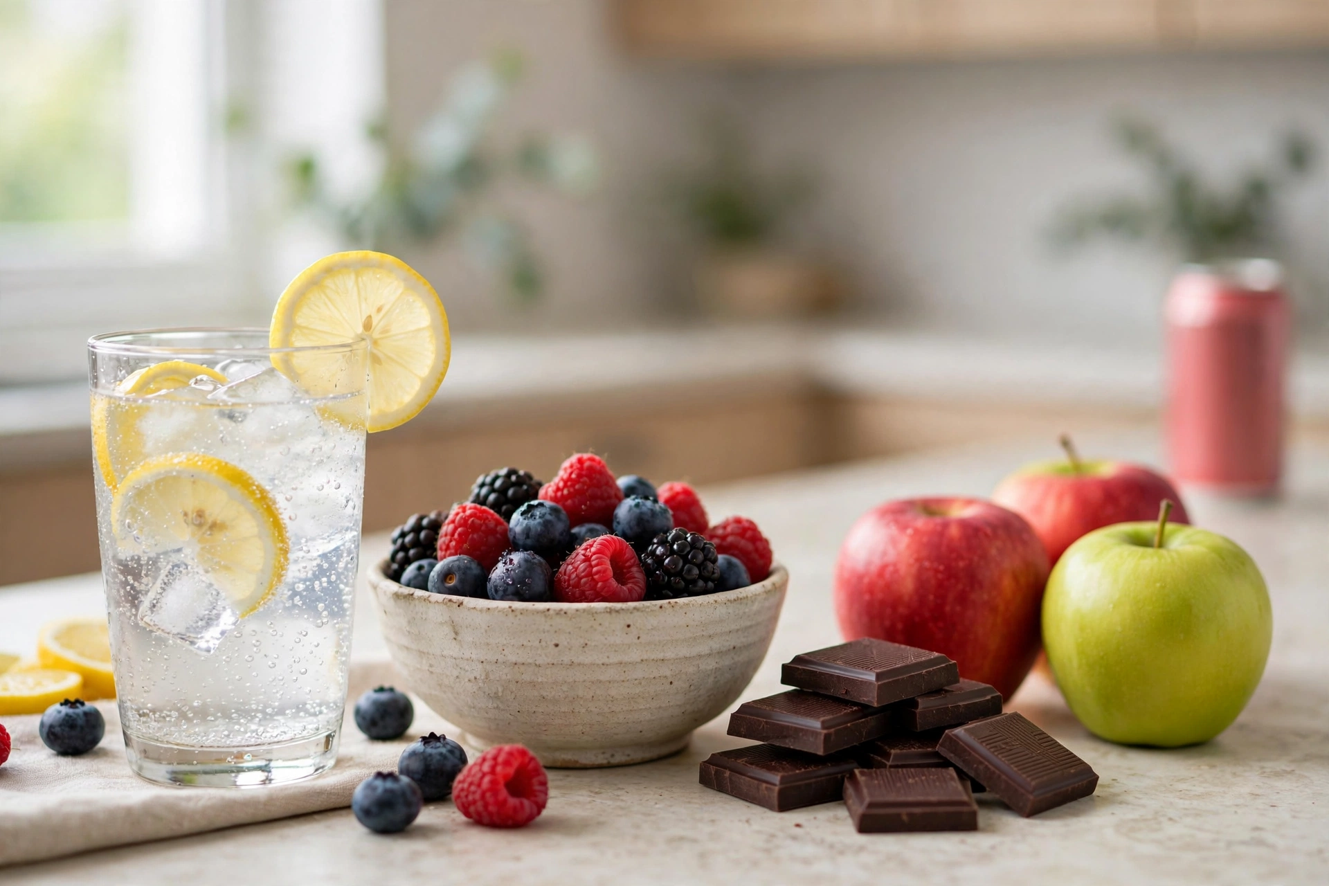 Healthy low-sugar alternatives including berries, dark chocolate, and sparkling water with lemon