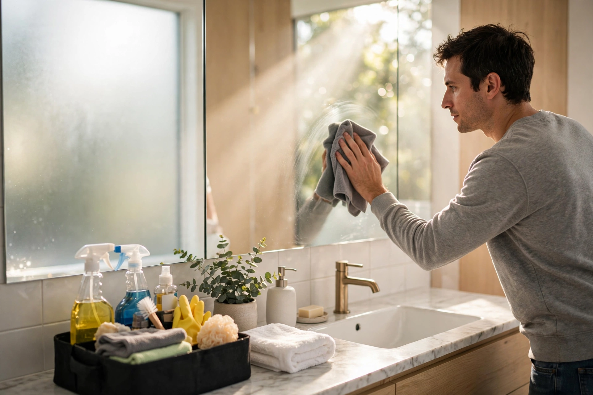 Person following a checklist on how to deep clean a bathroom with supplies