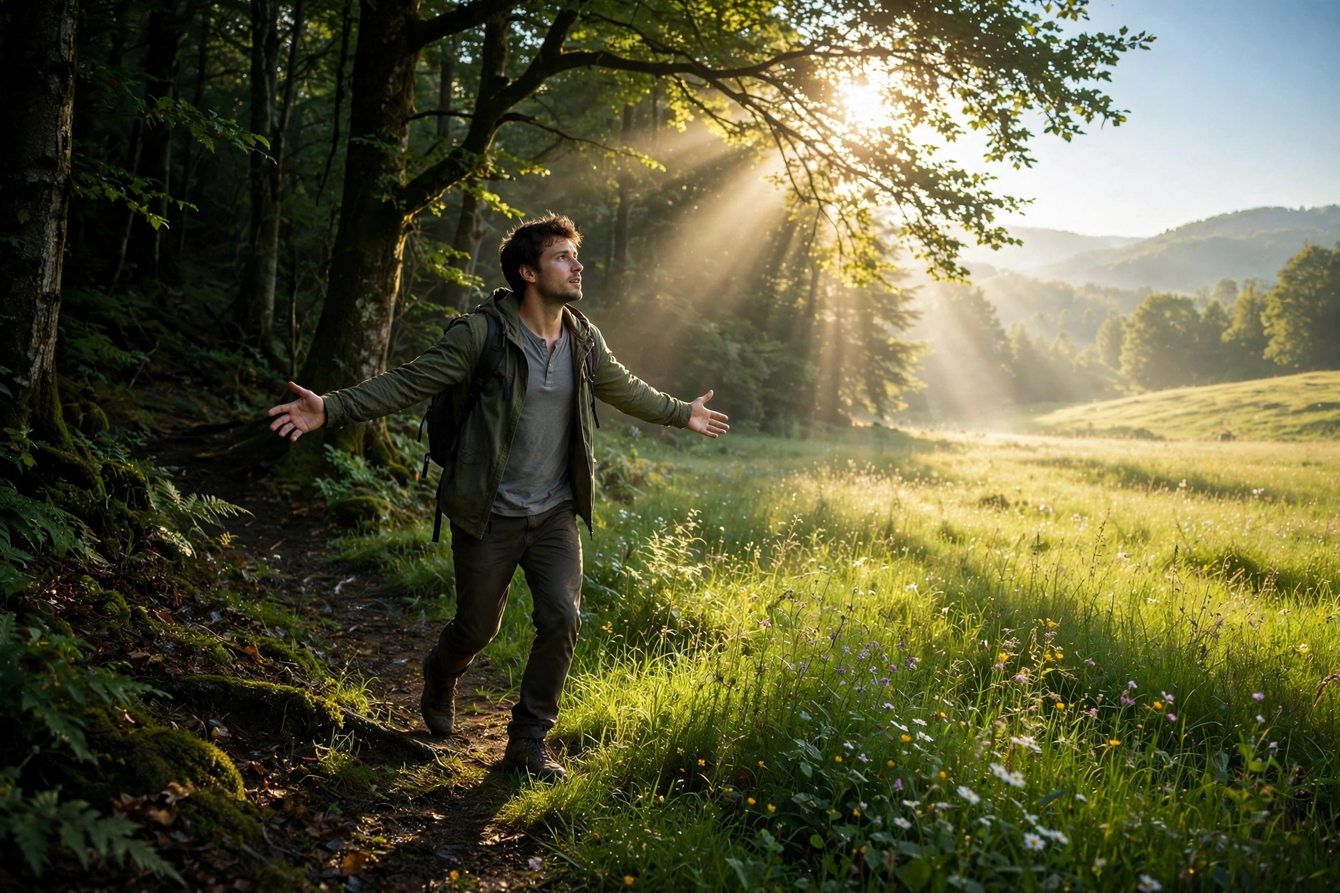 Person stepping from dark forest into sunlit meadow, illustrating how to embrace change positively