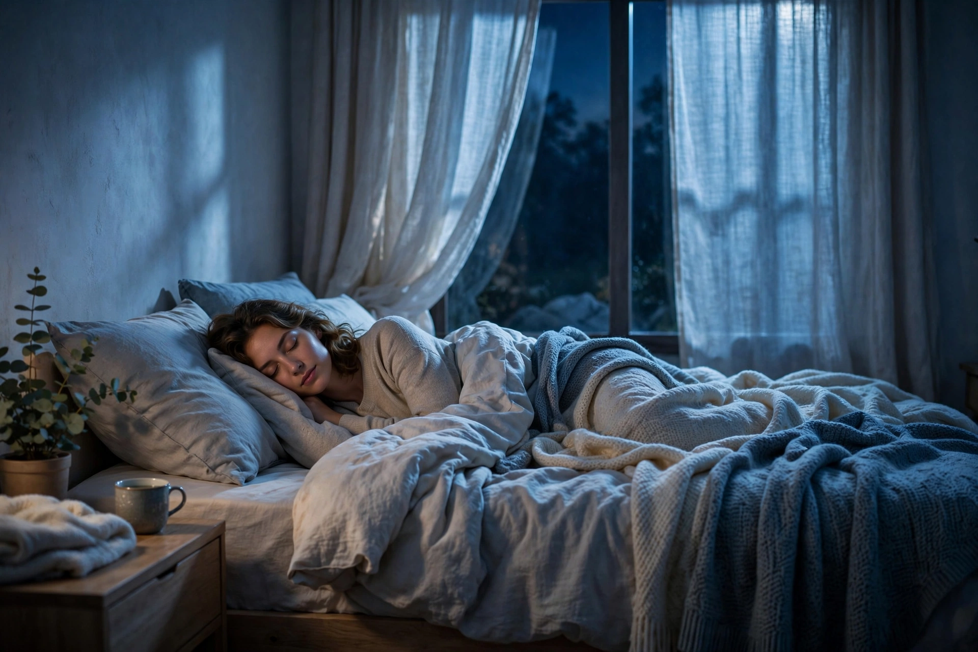 Peaceful person falling asleep in a moonlit bedroom showing how to fall asleep fast
