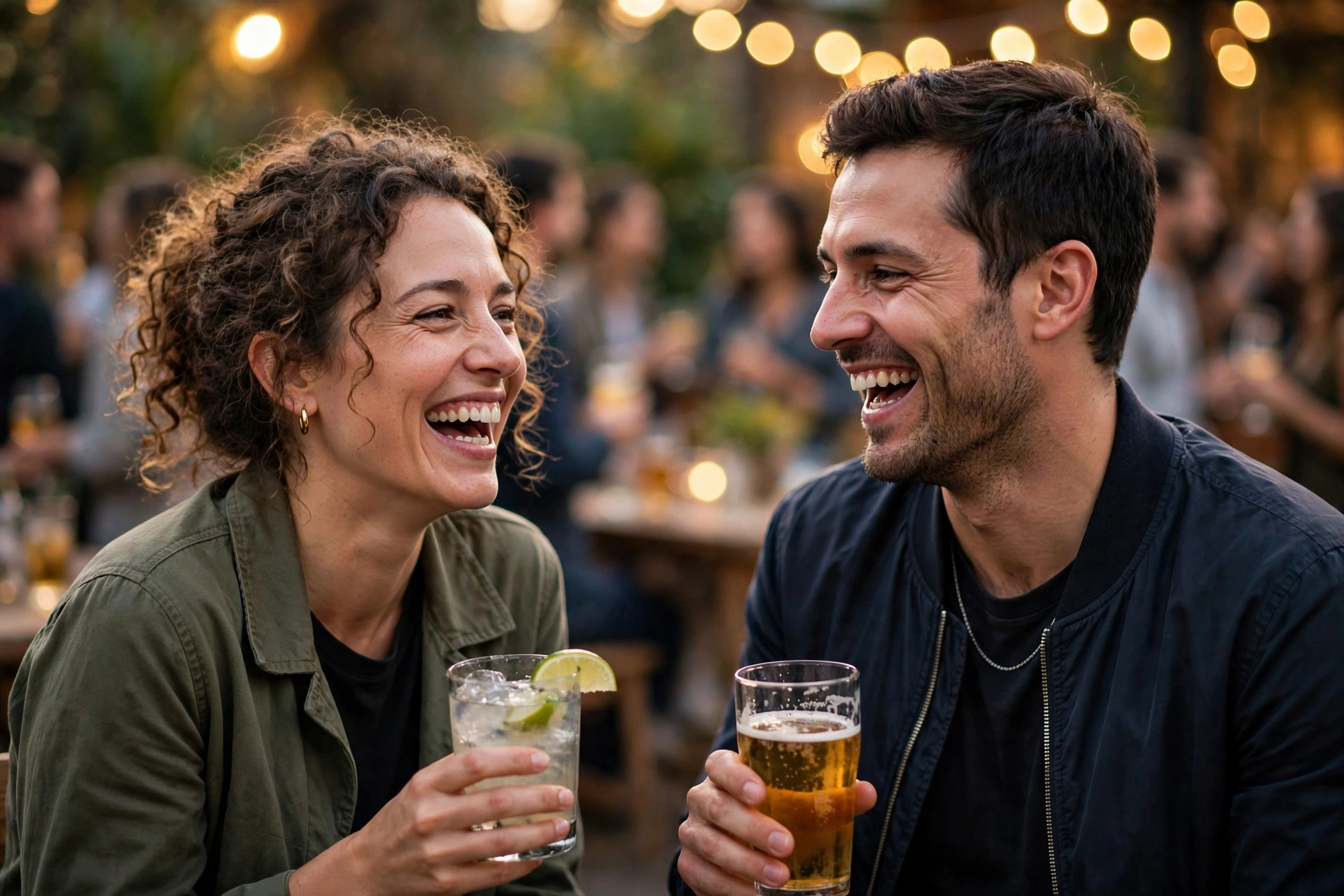 Two people laughing during friendly small talk at a party, illustrating how to make small talk