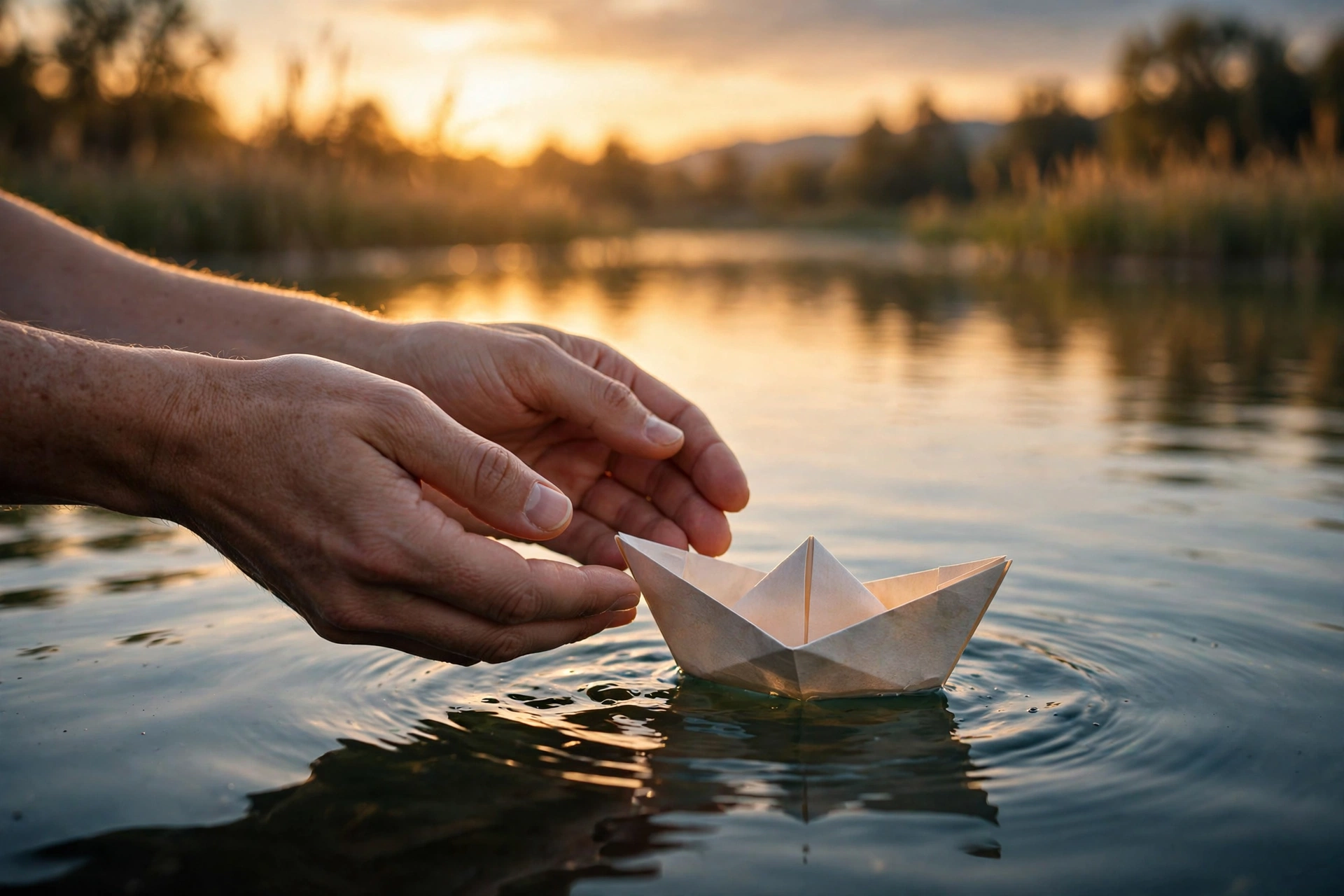 Hands releasing a paper boat onto calm water at sunset, illustrating how to overcome perfectionism by letting go