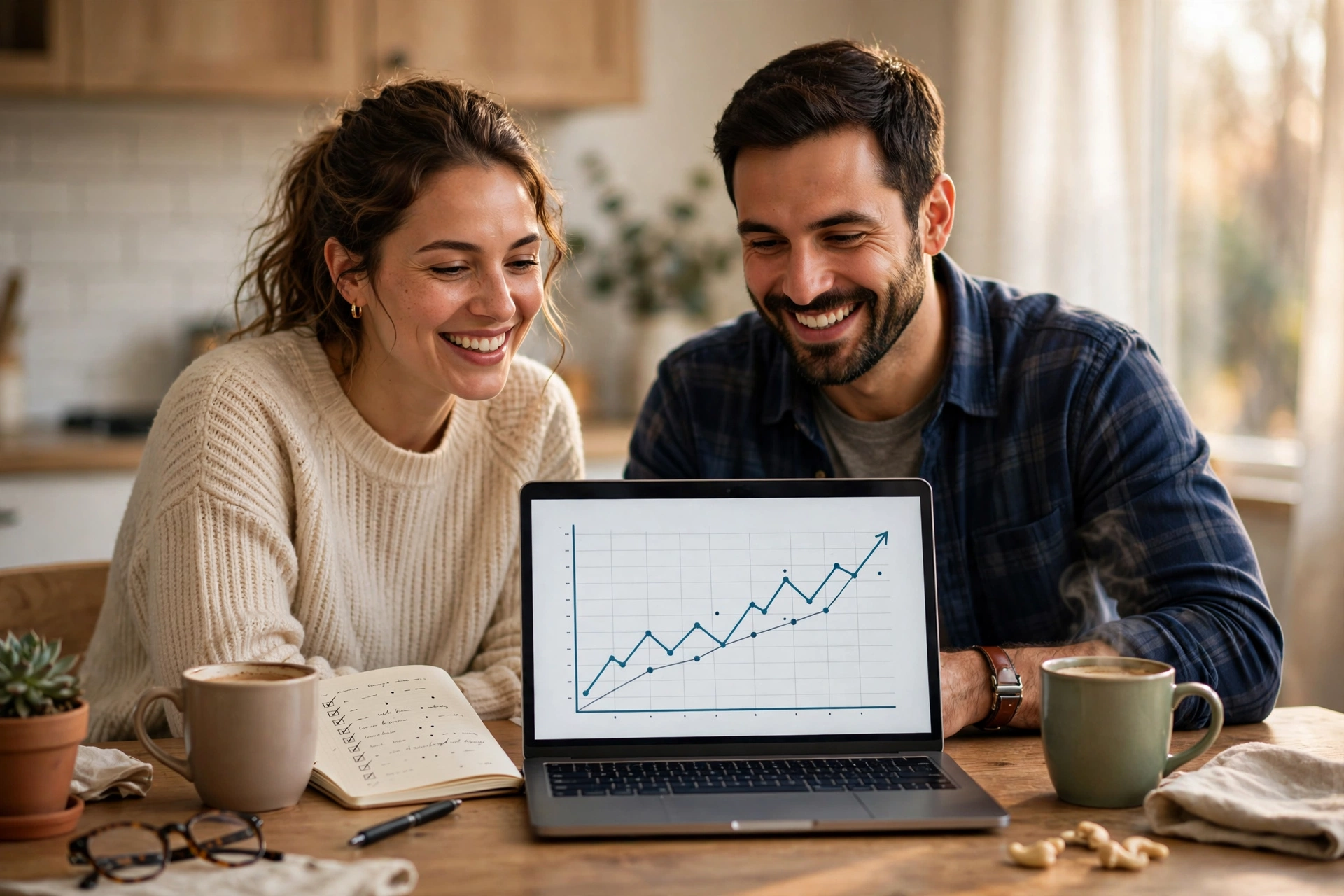 Couple learning how to set financial goals as a couple at a kitchen table