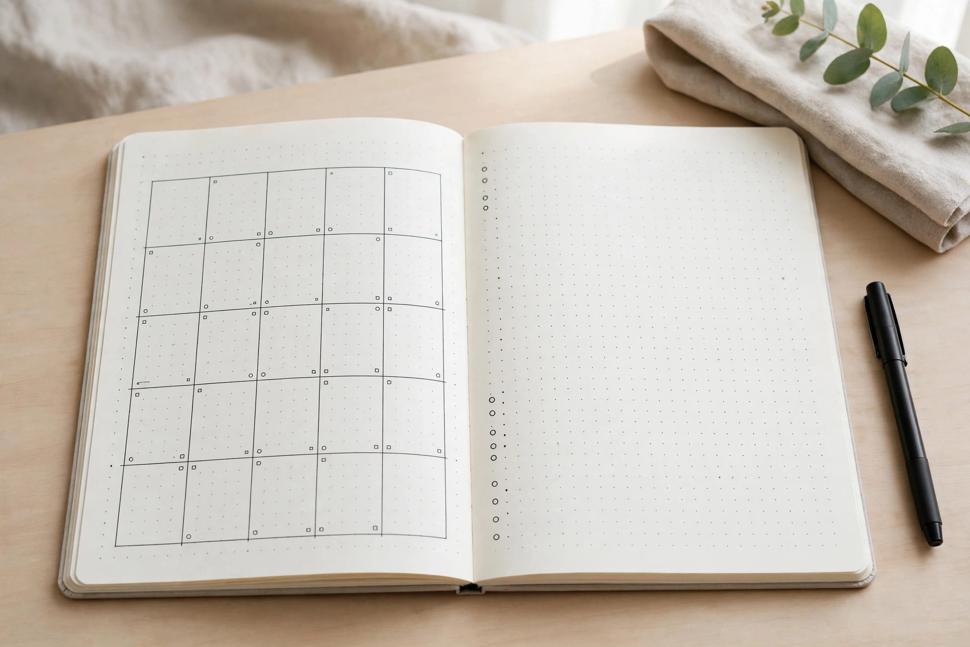 Open notebook showing how to start a bullet journal with a monthly spread