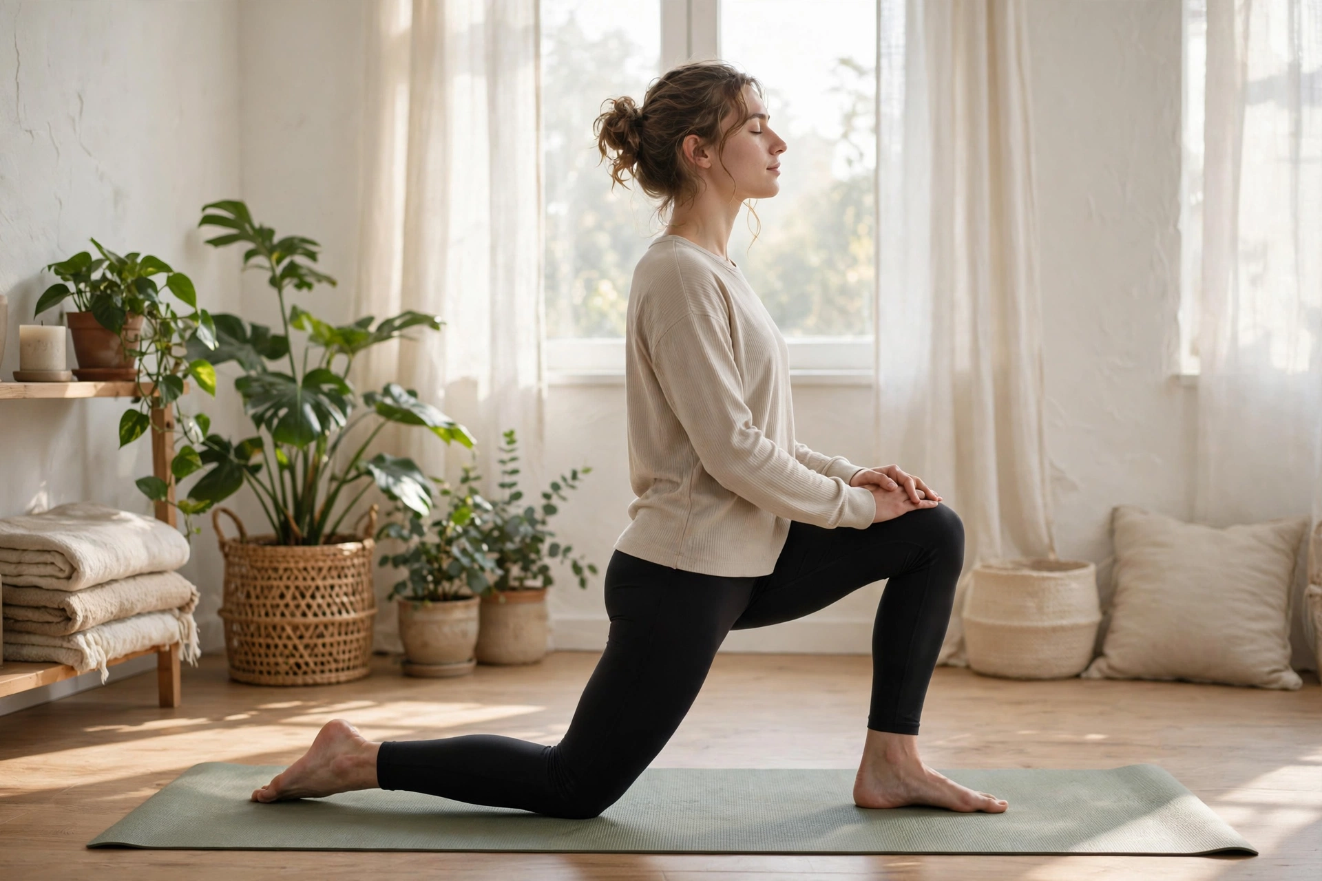 Person doing a gentle hip flexor stretch with proper form on a yoga mat in bright morning light