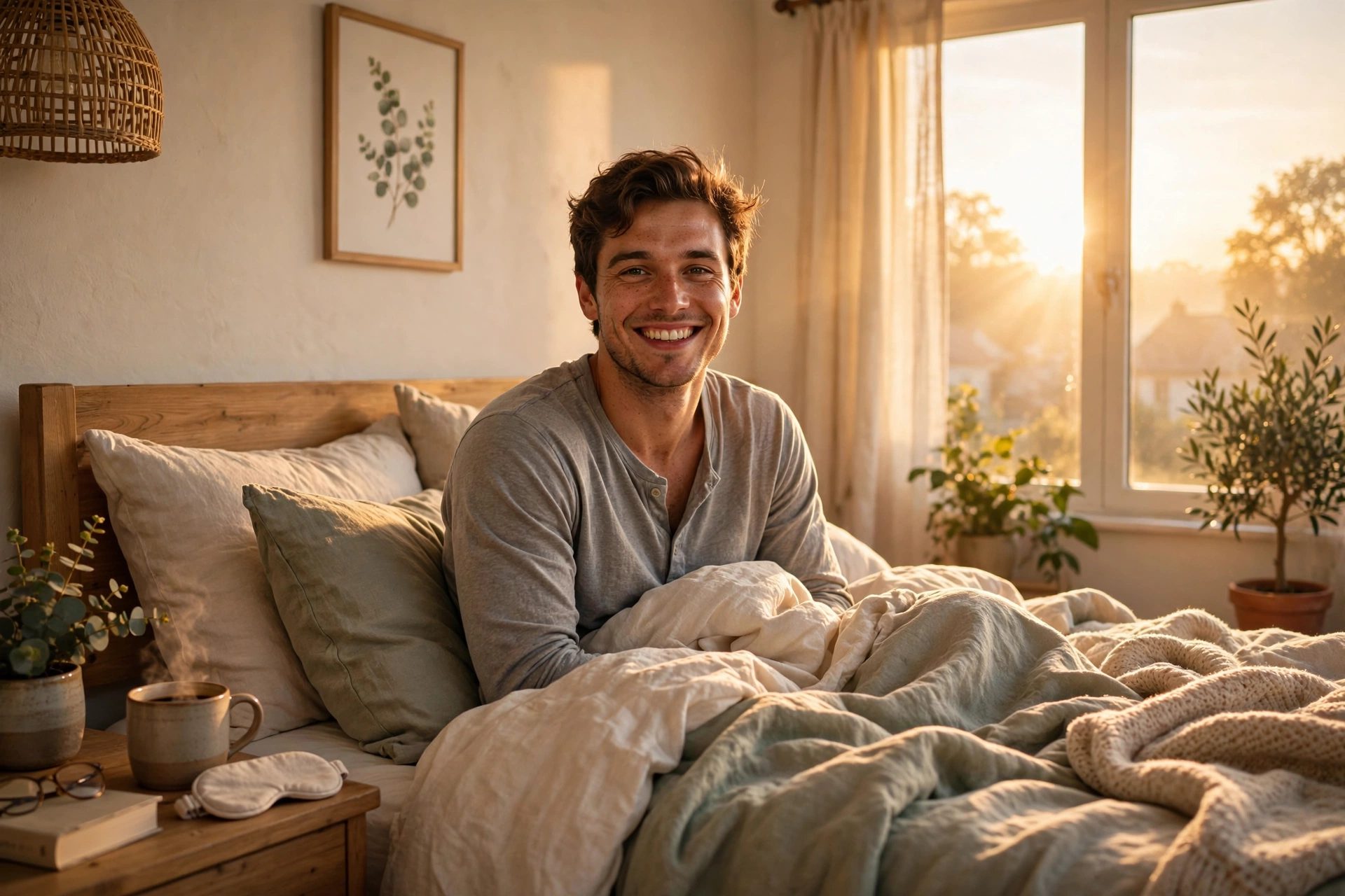Happy person waking at dawn in sunlit bedroom showing how to wake up early consistently